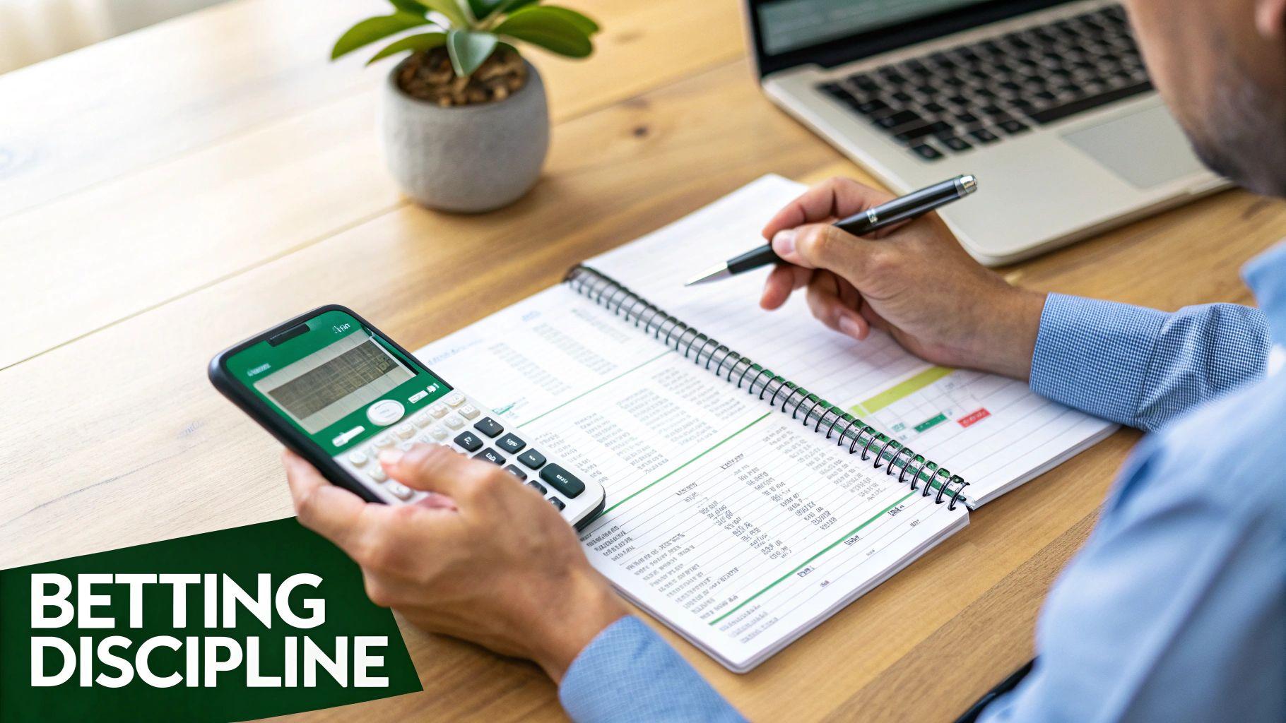 Person using calculator and taking notes on financial spreadsheet for betting budget planning