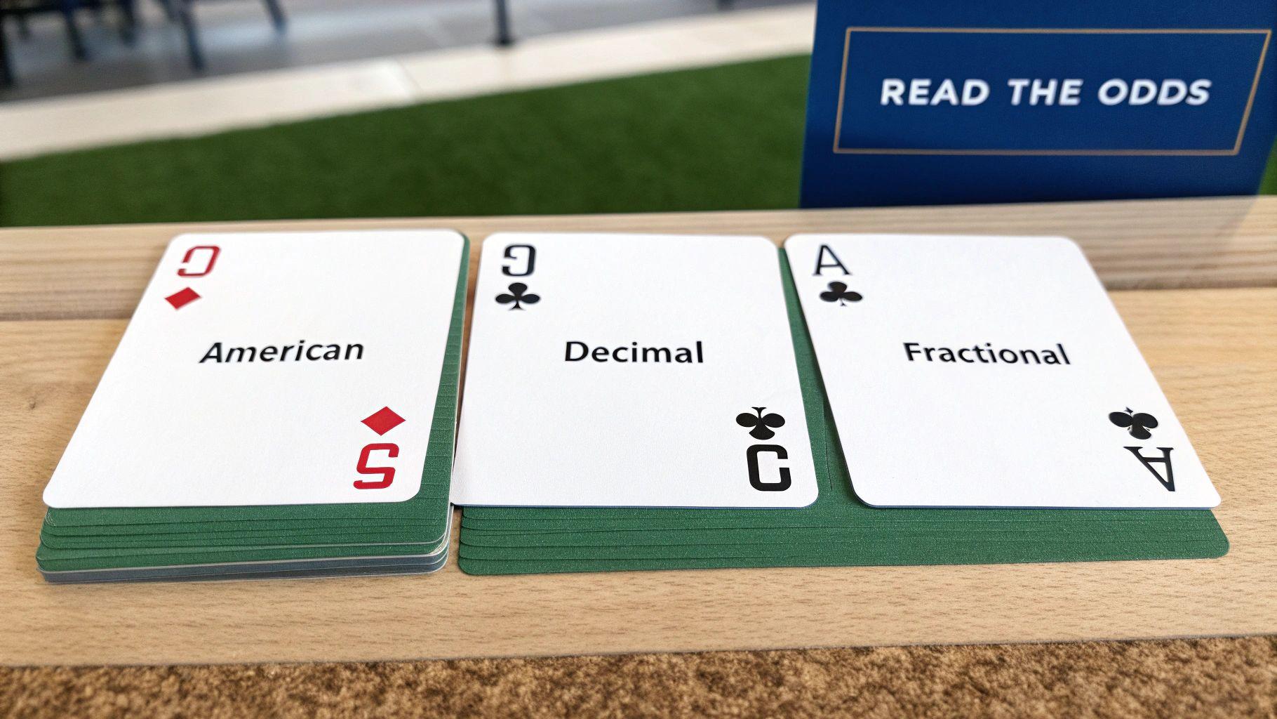 Three playing cards illustrate 'American', 'Decimal', and 'Fractional' betting odds formats, with a 'Read the Odds' sign.