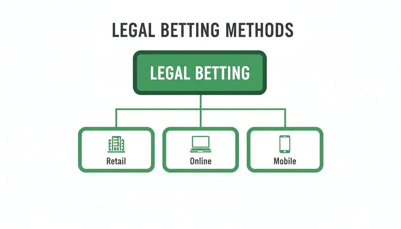 Diagram showing legal betting methods: retail, online, and mobile options for sports wagering.