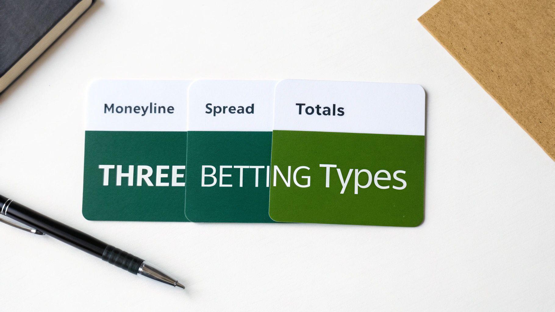 A person's hands holding a smartphone displaying sports betting lines, with a stadium in a blurred background.