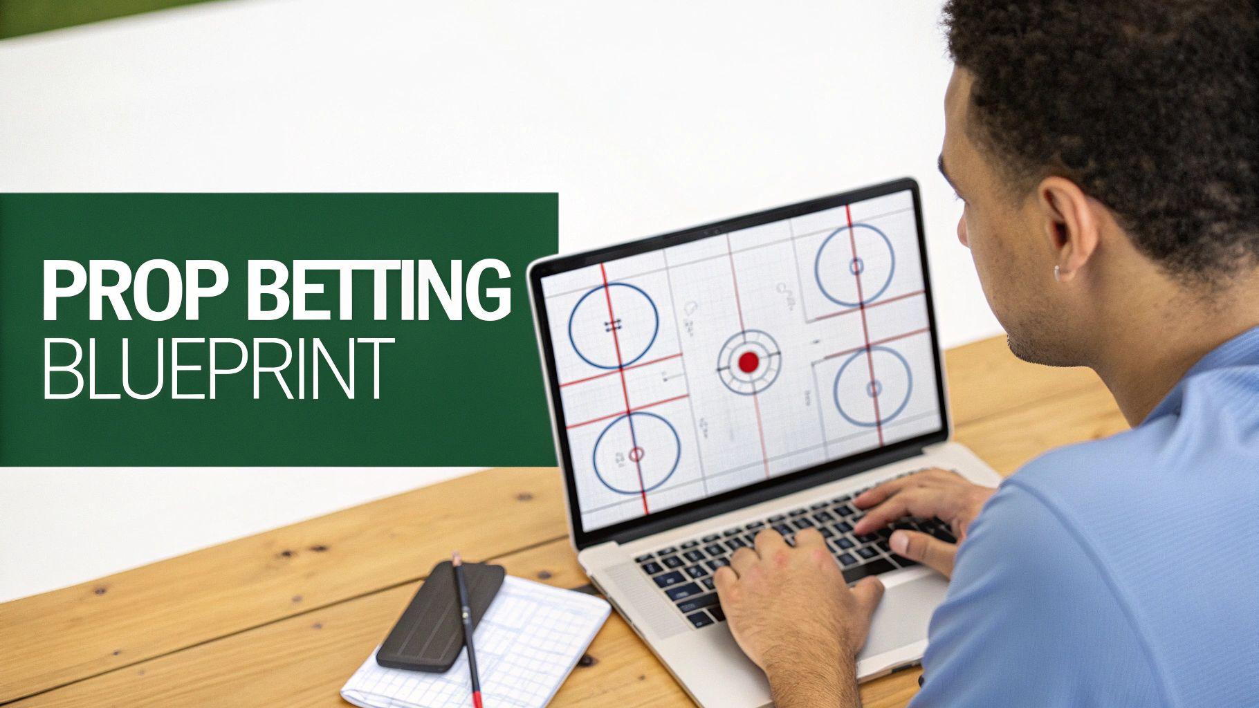 Person using a laptop with 'Prop Betting Blueprint' text, analyzing sports strategy diagrams.