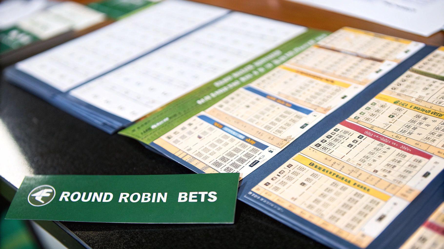 Illustration of the Round Robin parlay strategy, showing a central group of four teams branching out into six separate two-team parlay combinations.