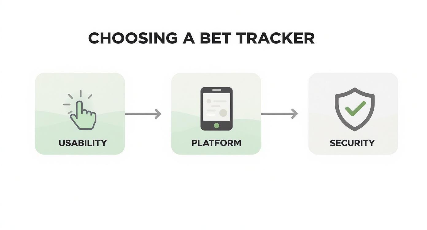 Flowchart illustrating key factors for choosing a bet tracker: usability, platform, and security.