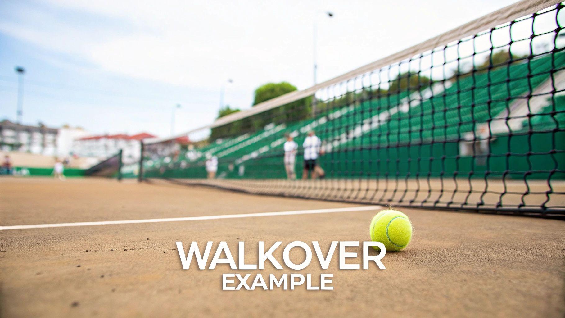 A bright yellow tennis ball on a clay court with a net and blurred stadium in the background.