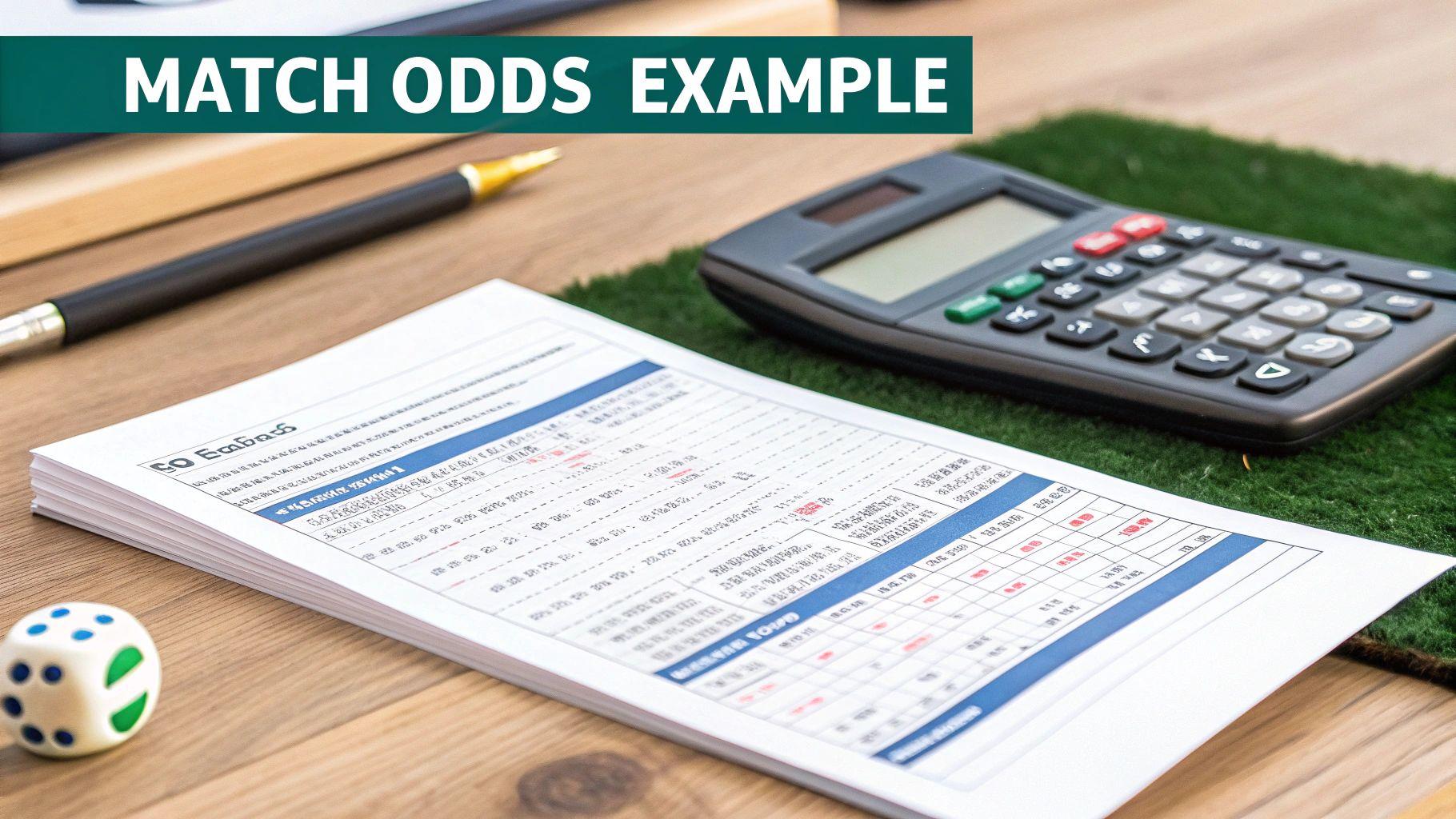 A desk scene with a 'MATCH ODDS EXAMPLE' banner, calculator, pen, dice, and documents.
