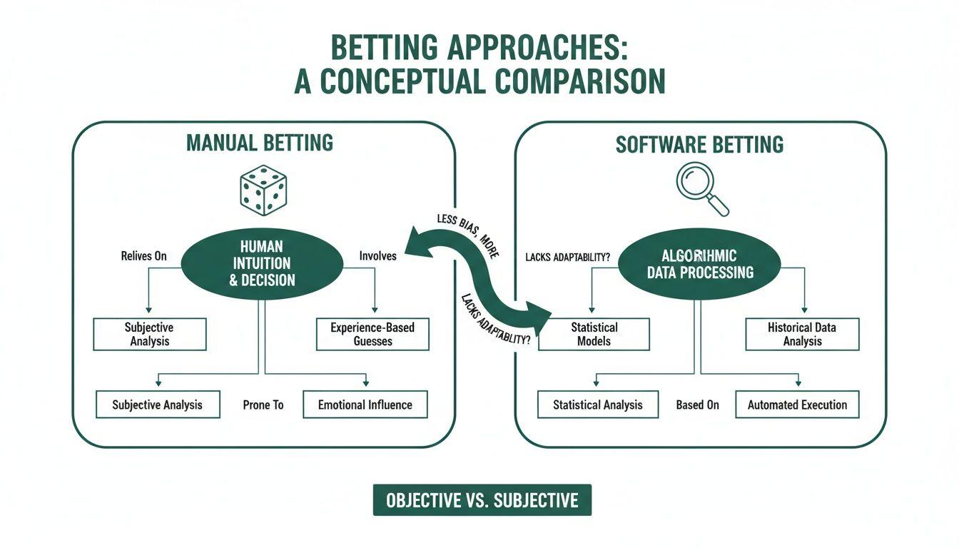Diagram comparing manual betting based on human intuition with software betting using algorithmic data processing.