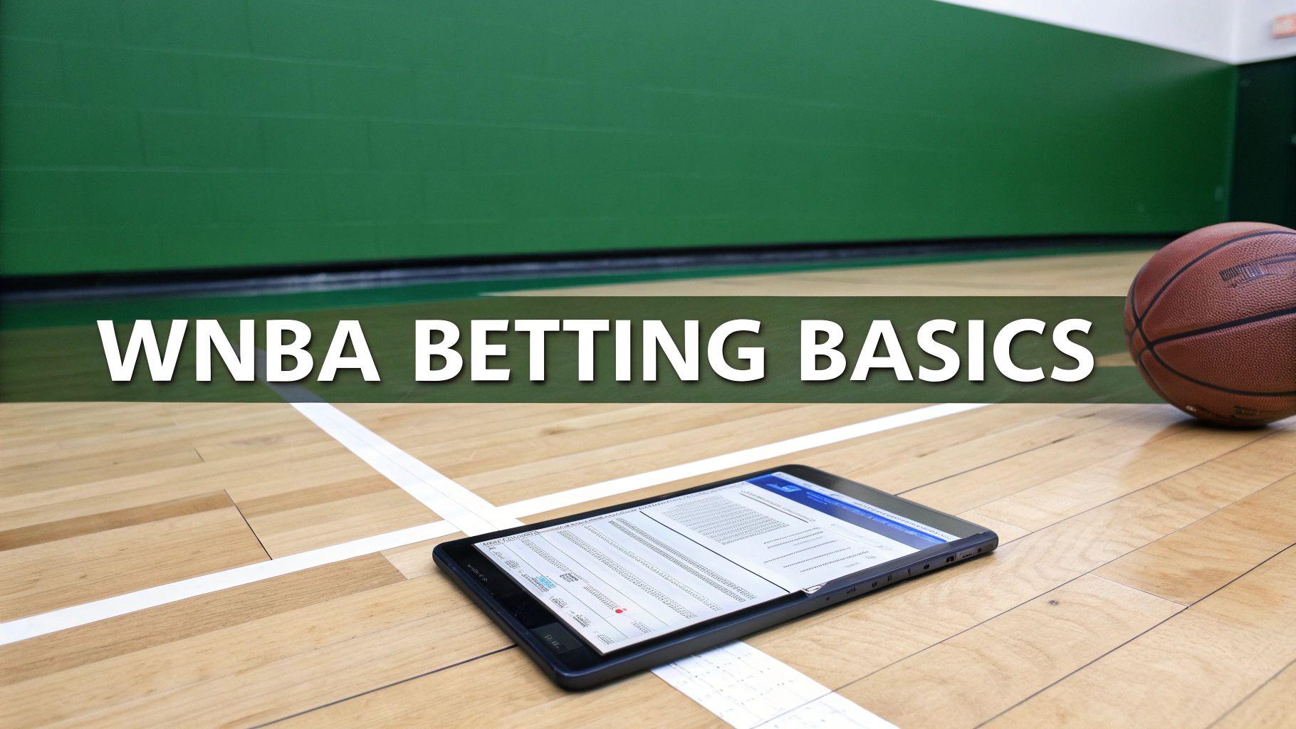 A basketball and tablet displaying betting data on a wooden court, with "WNBA BETTING BASICS" text.