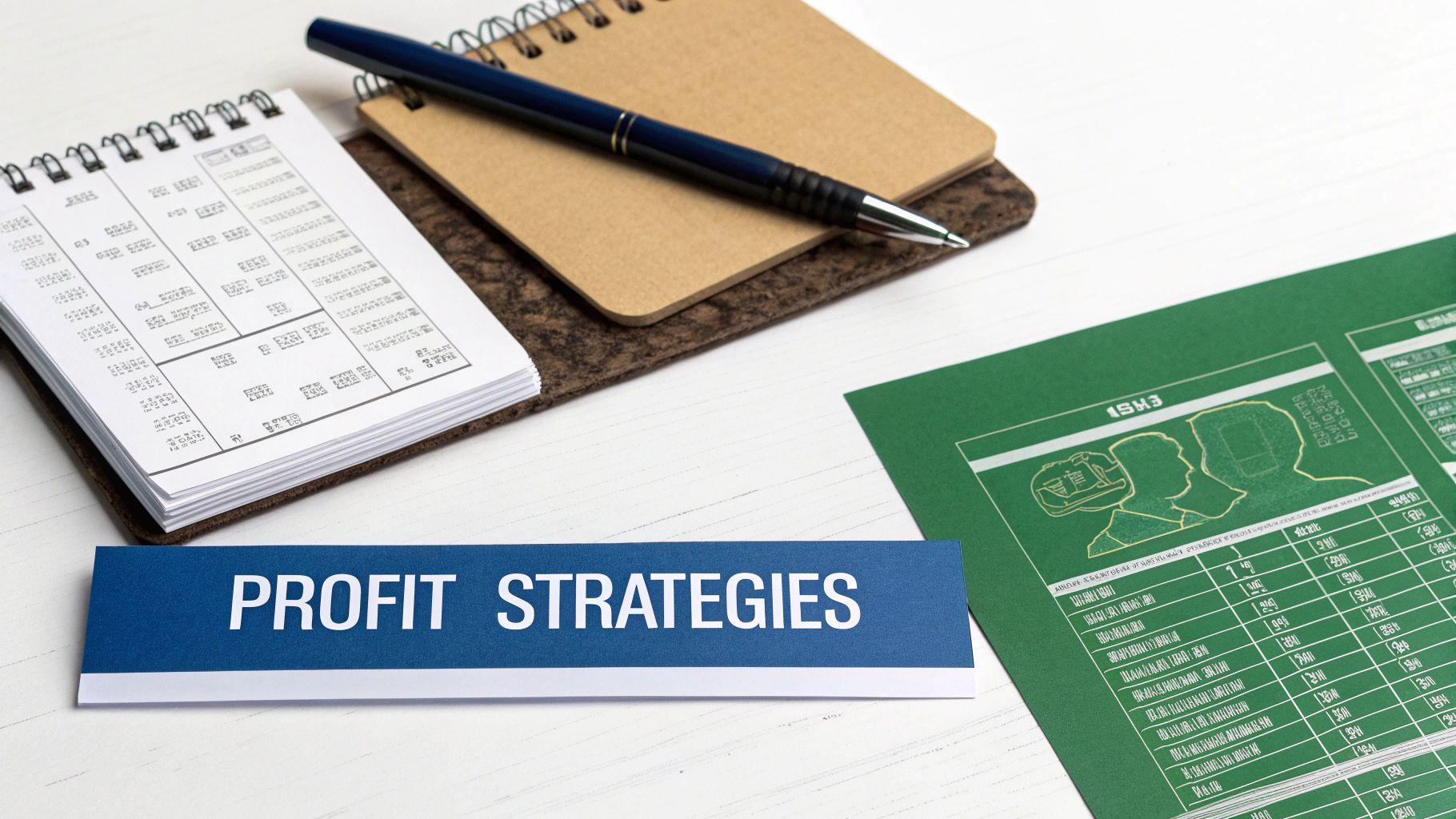 A desk setup featuring notebooks, a pen, and a card clearly displaying 'PROFIT STRATEGIES'.