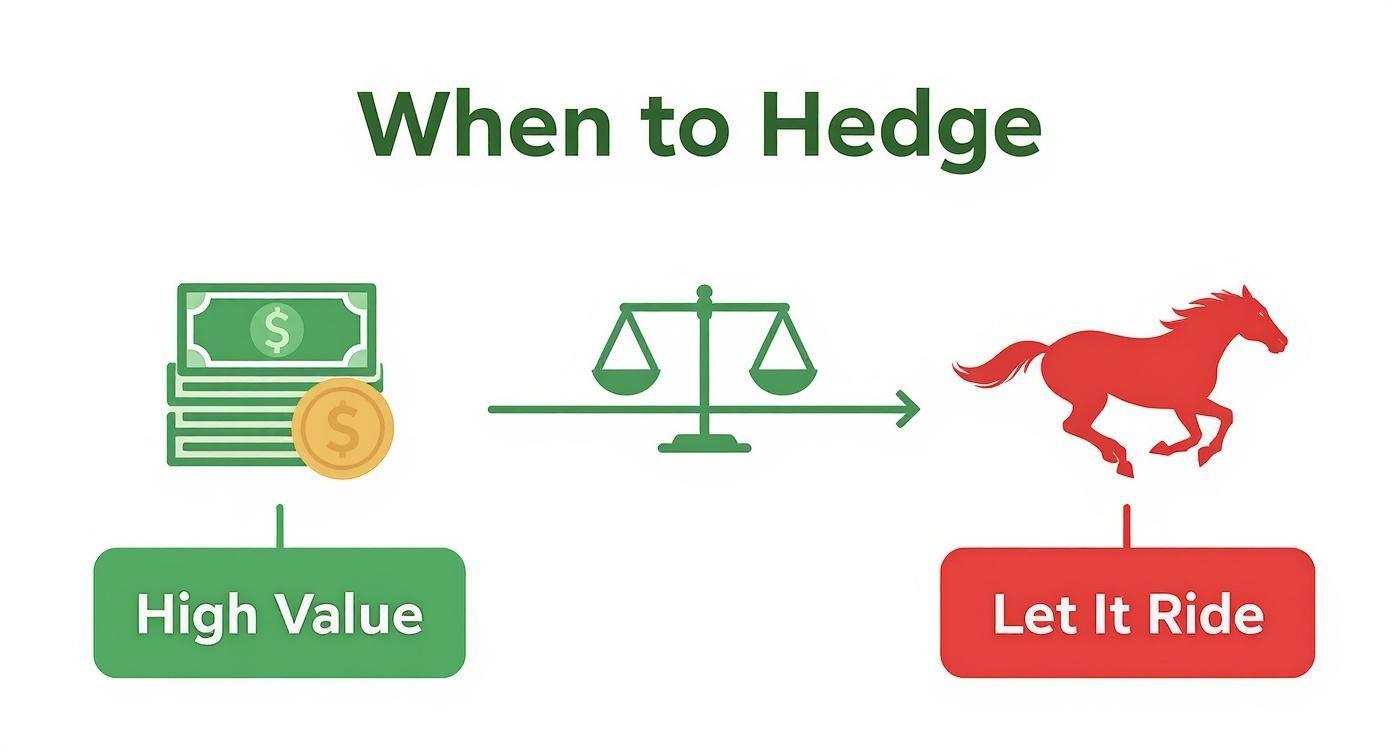 Decision flowchart showing when to hedge bets: high value money warrants hedging, low value let it ride