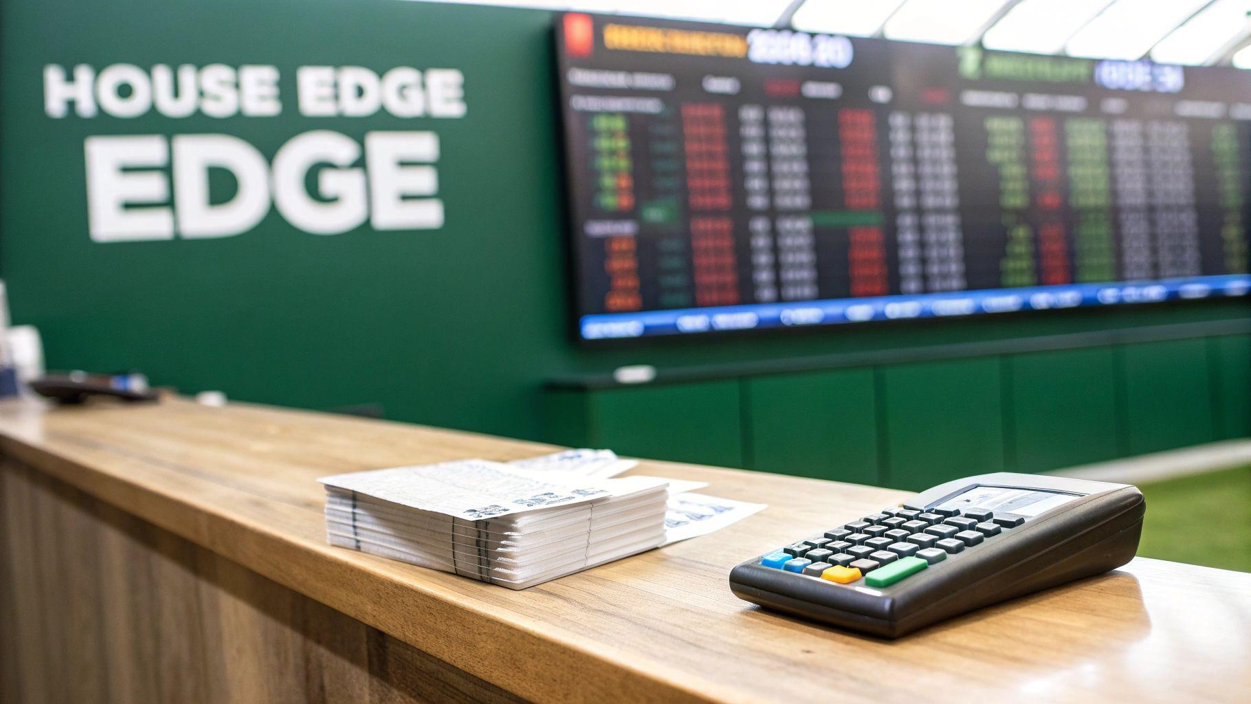 Betting counter with a calculator, slips, and a 'HOUSE EDGE' sign next to a digital scoreboard.