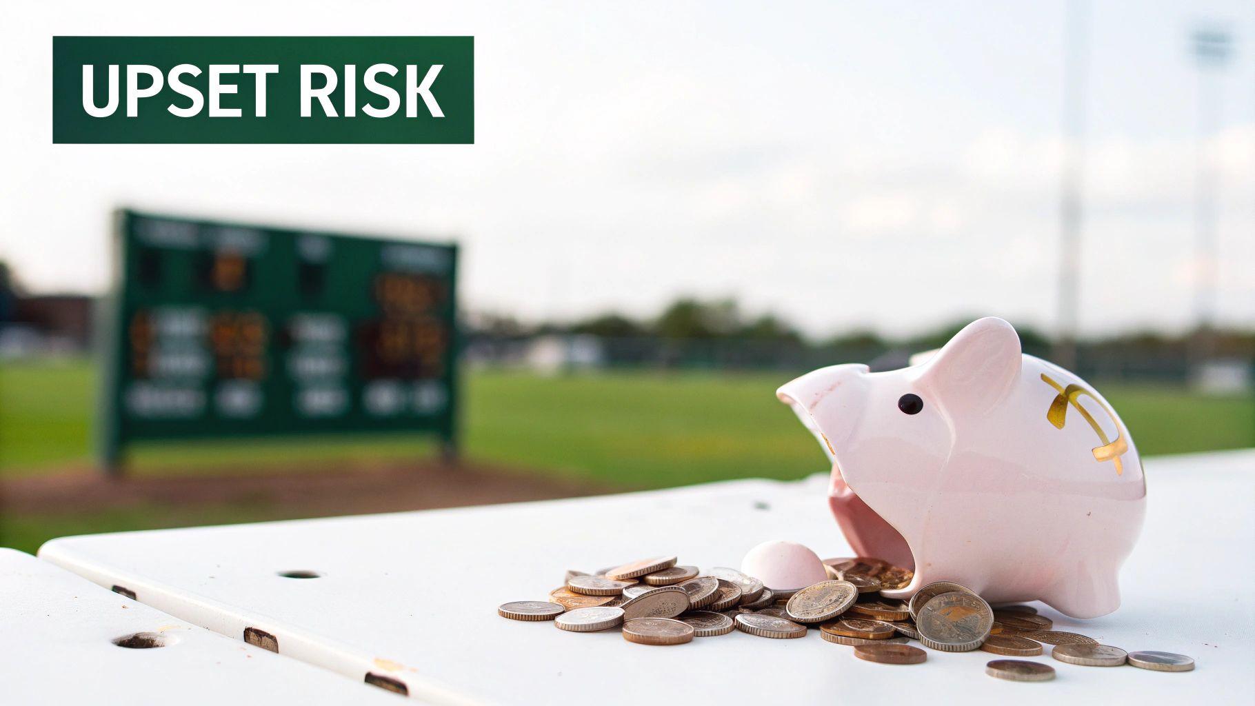 A broken pink piggy bank spilling coins on a white table with a blurry sports field and scoreboard in the background.