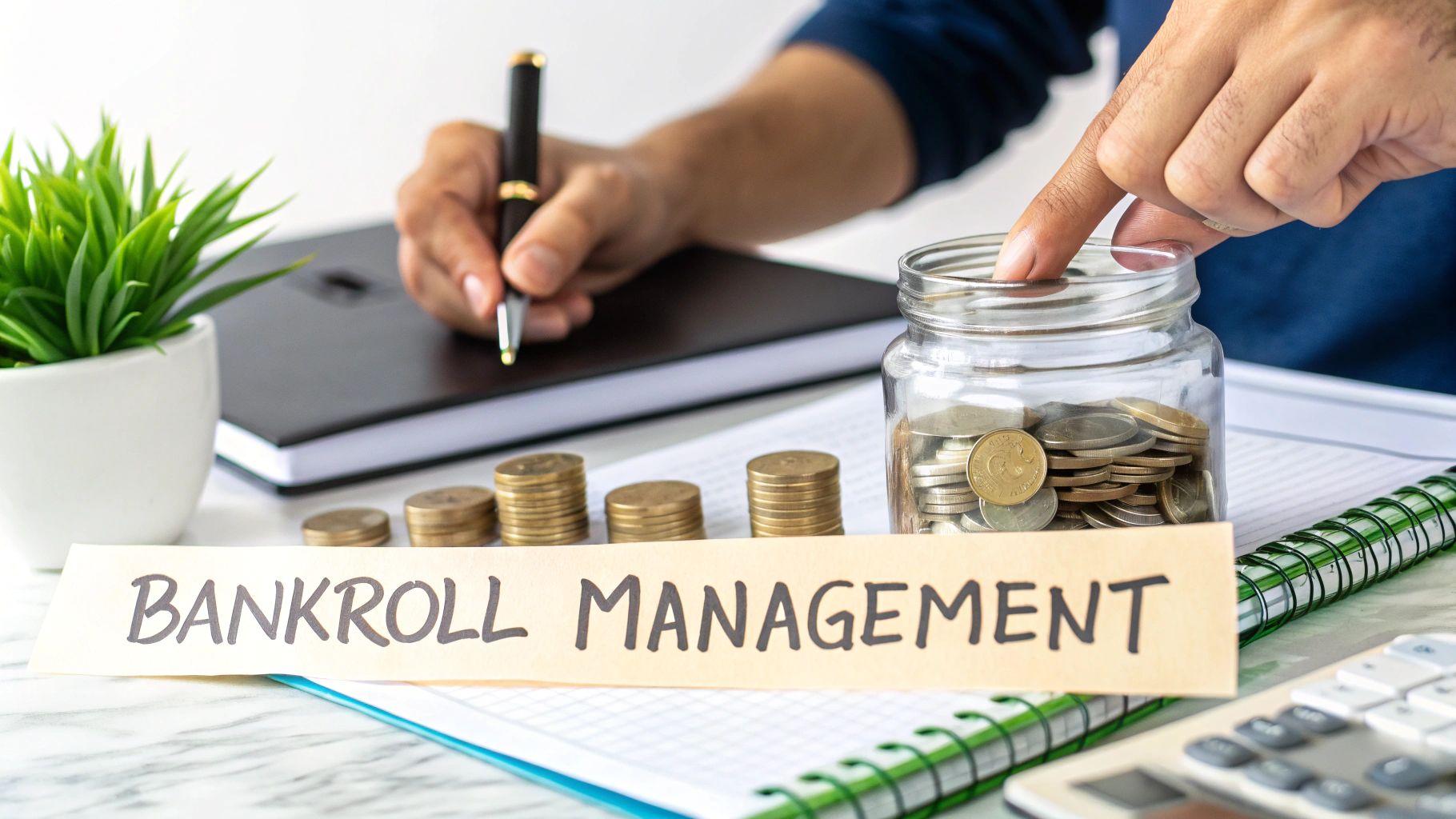 A person writing in a notebook, with coins, a calculator, and a 'BANKROLL MANAGEMENT' sign.