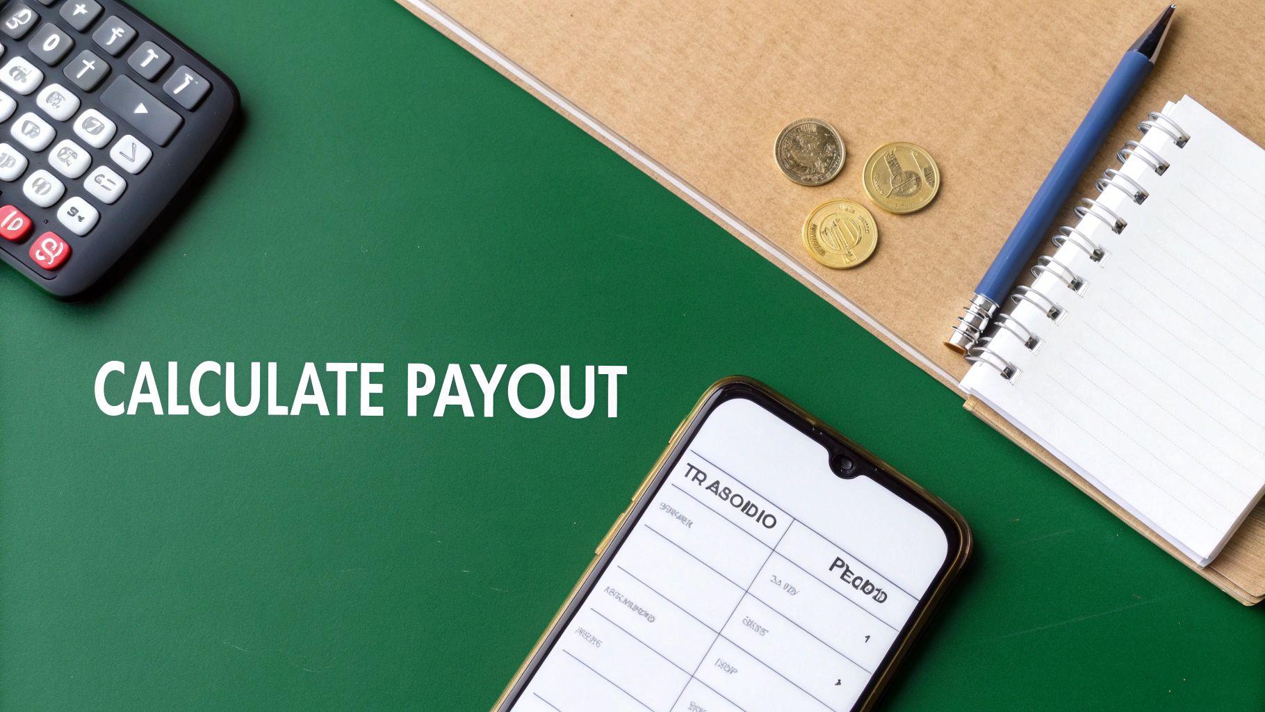 A calculator, coins, notebook, pen, and smartphone on a green background with 'CALCULATE PAYOUT' text.