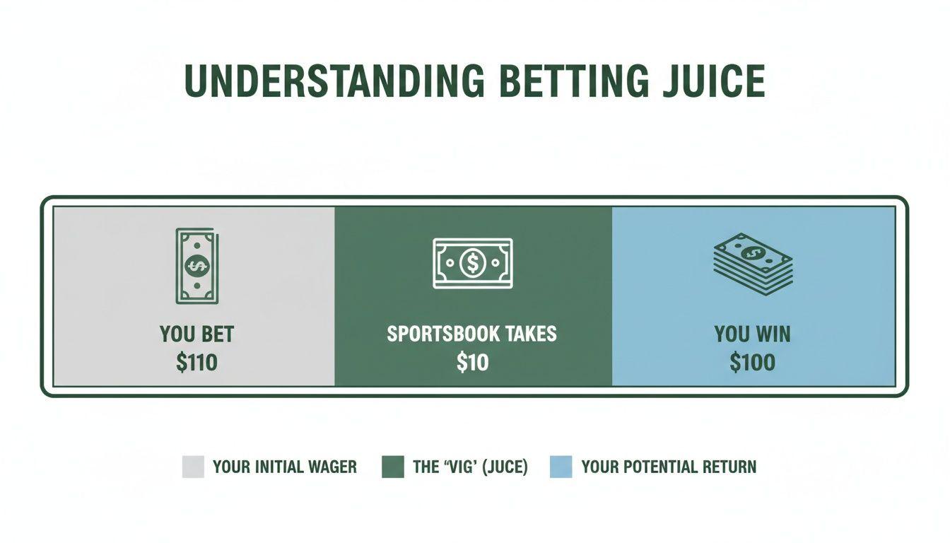 An infographic explaining betting juice. You bet $110, the sportsbook takes $10 (the vig), and you win $100.