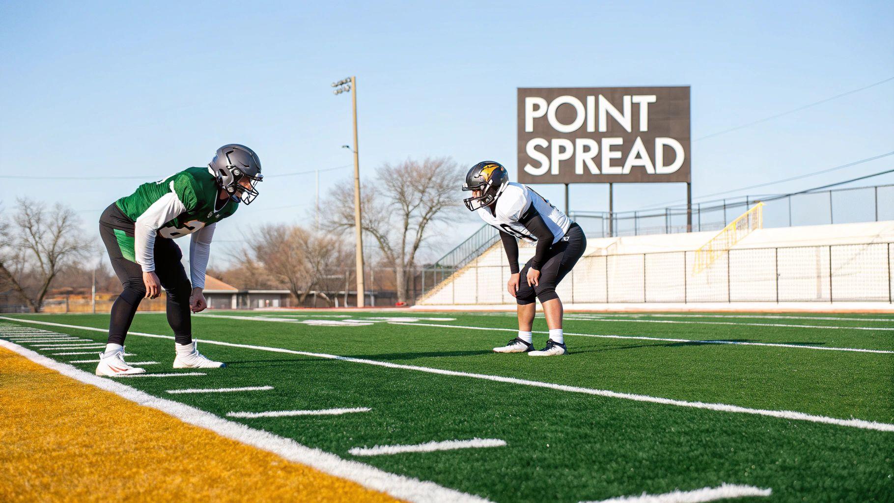 Two football players in uniforms face off on a green field, with a 'Point Spread' scoreboard in the background.