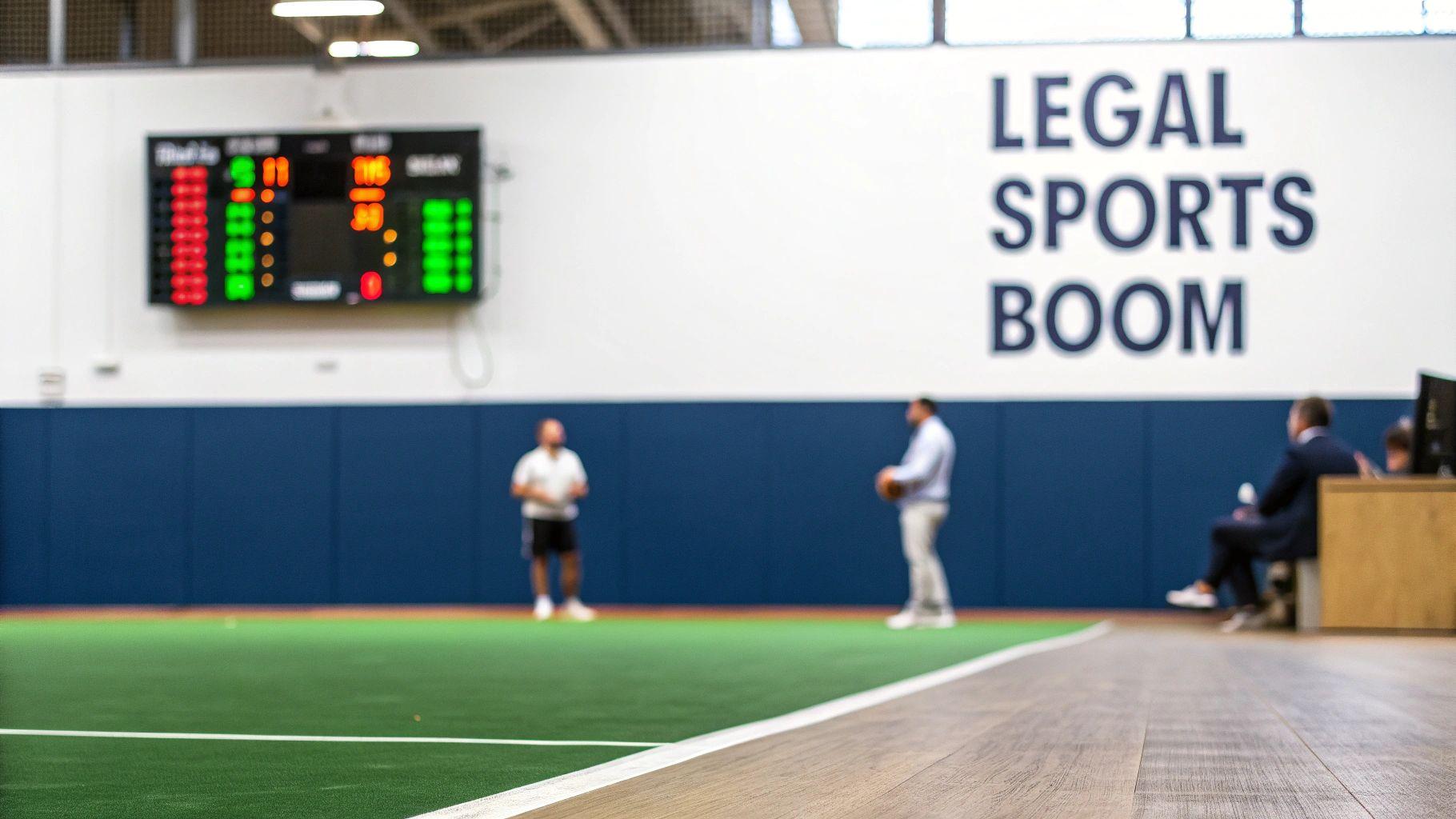 Indoor sports facility with a scoreboard, 'LEGAL SPORTS BOOM' sign, and people on turf.