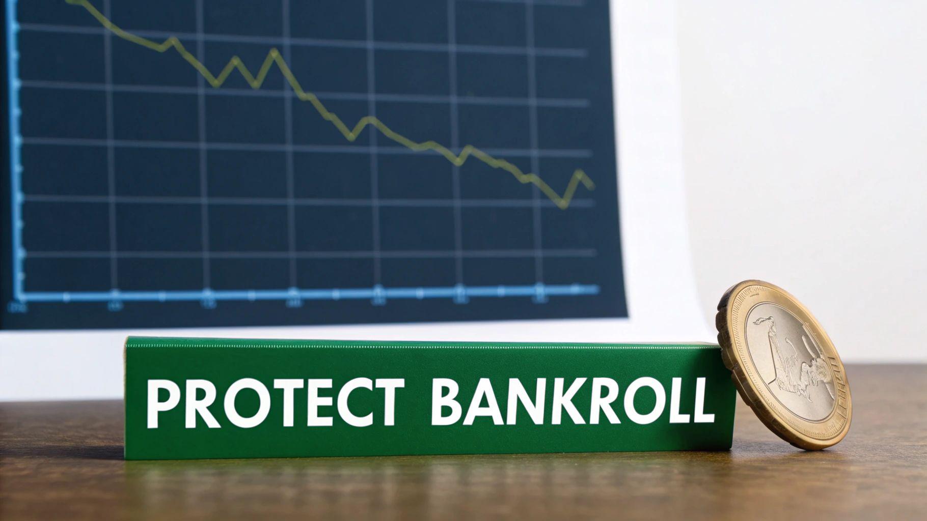 A green 'PROTECT BANKROLL' sign with a Euro coin, in front of a chart showing a declining trend.
