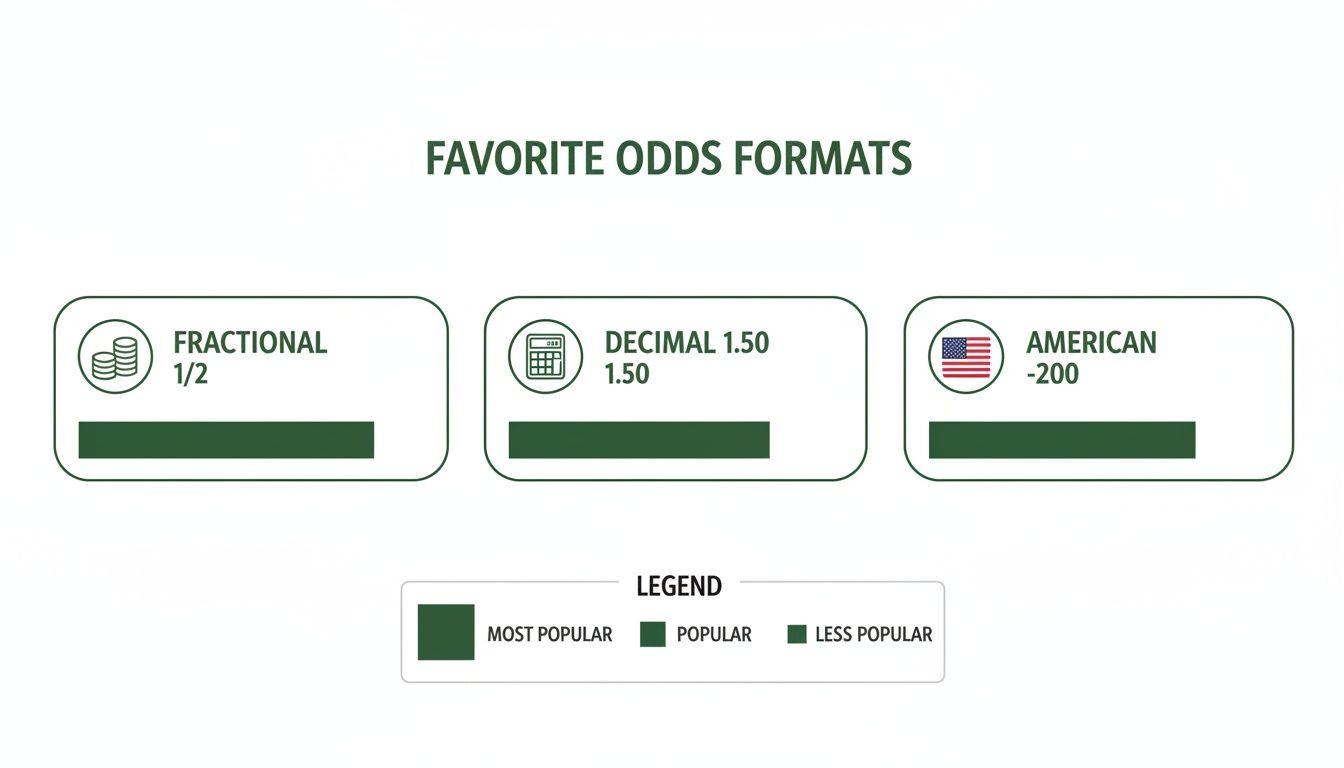 An infographic comparing the popularity of Fractional, Decimal, and American favorite odds formats.
