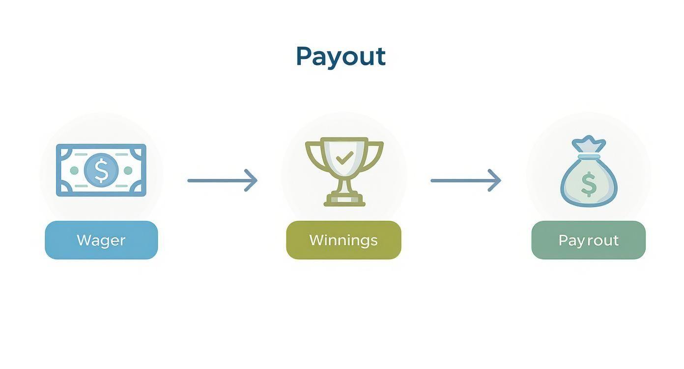 A flowchart showing the payout process: Wager with a banknote, Winnings with a trophy, and Payout with a money bag.