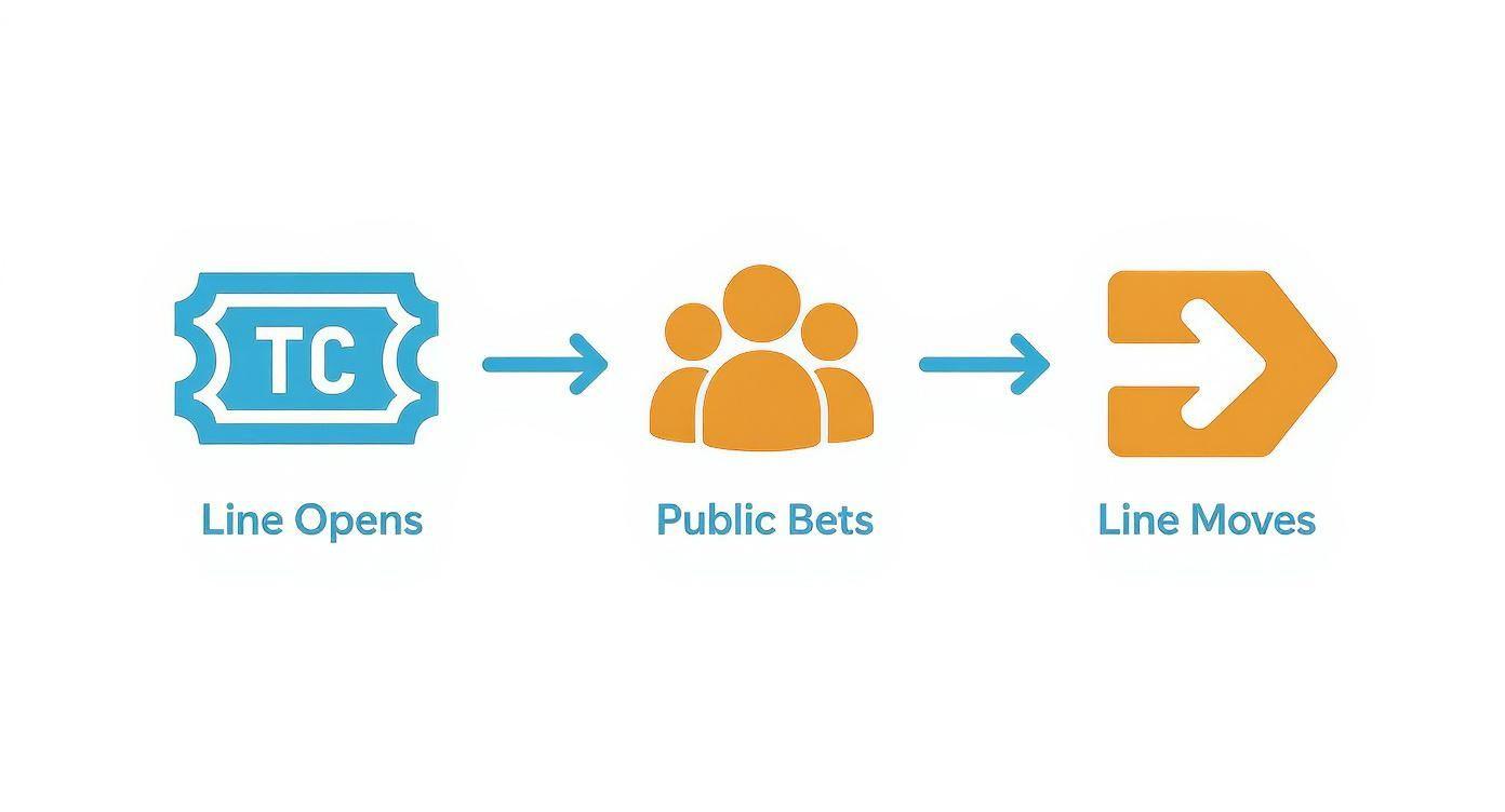 A diagram illustrating the process of betting lines: Line Opens, Public Bets, and Line Moves.