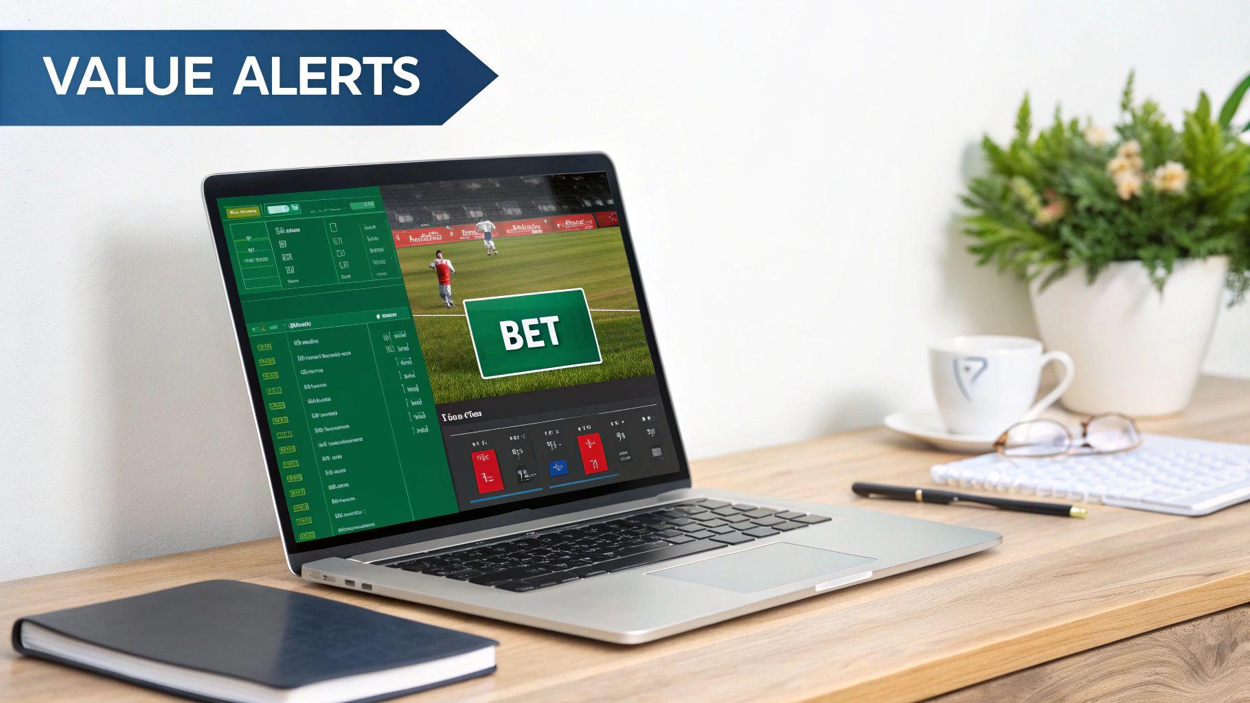 A laptop on a desk showing a sports betting platform with a live match and 'BET' button, labeled 'VALUE ALERTS'.