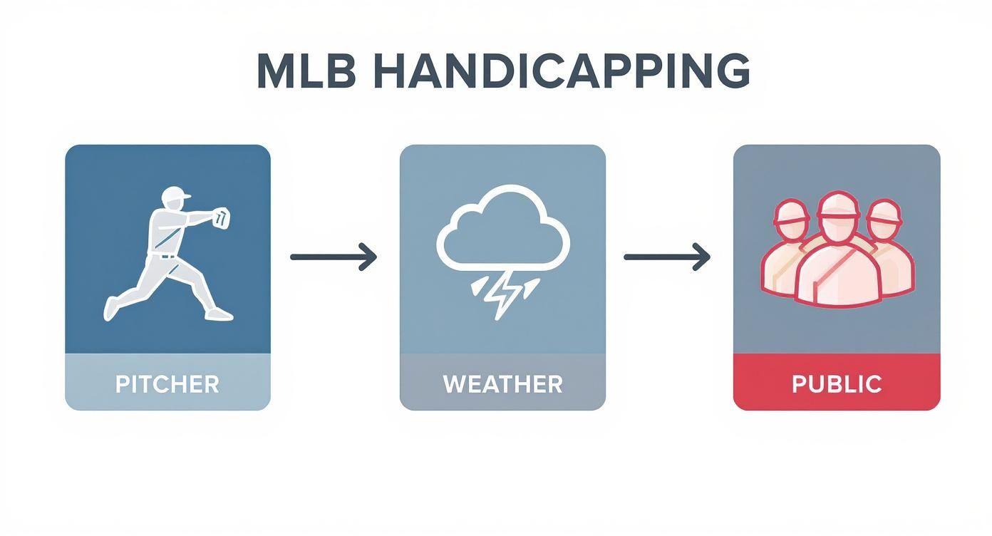 MLB handicapping flowchart showing pitcher weather and public betting factors for baseball wagering strategy