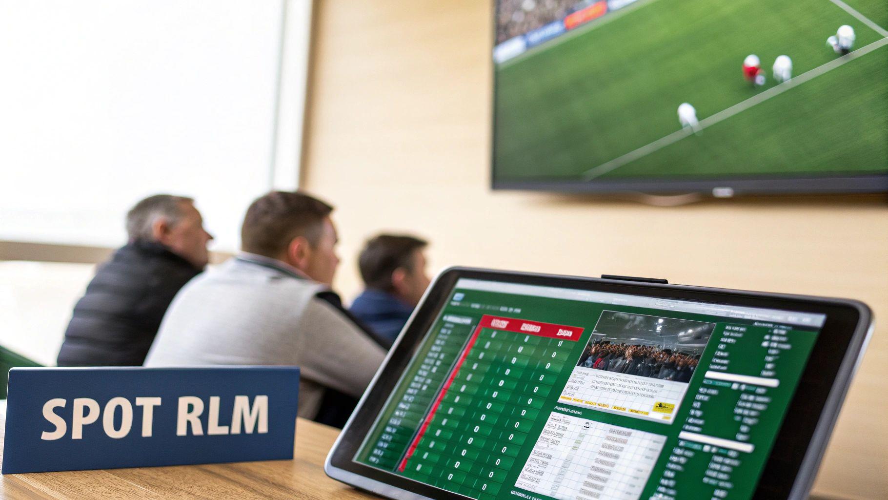People watching a sports game on a large screen and analyzing data on a tablet.