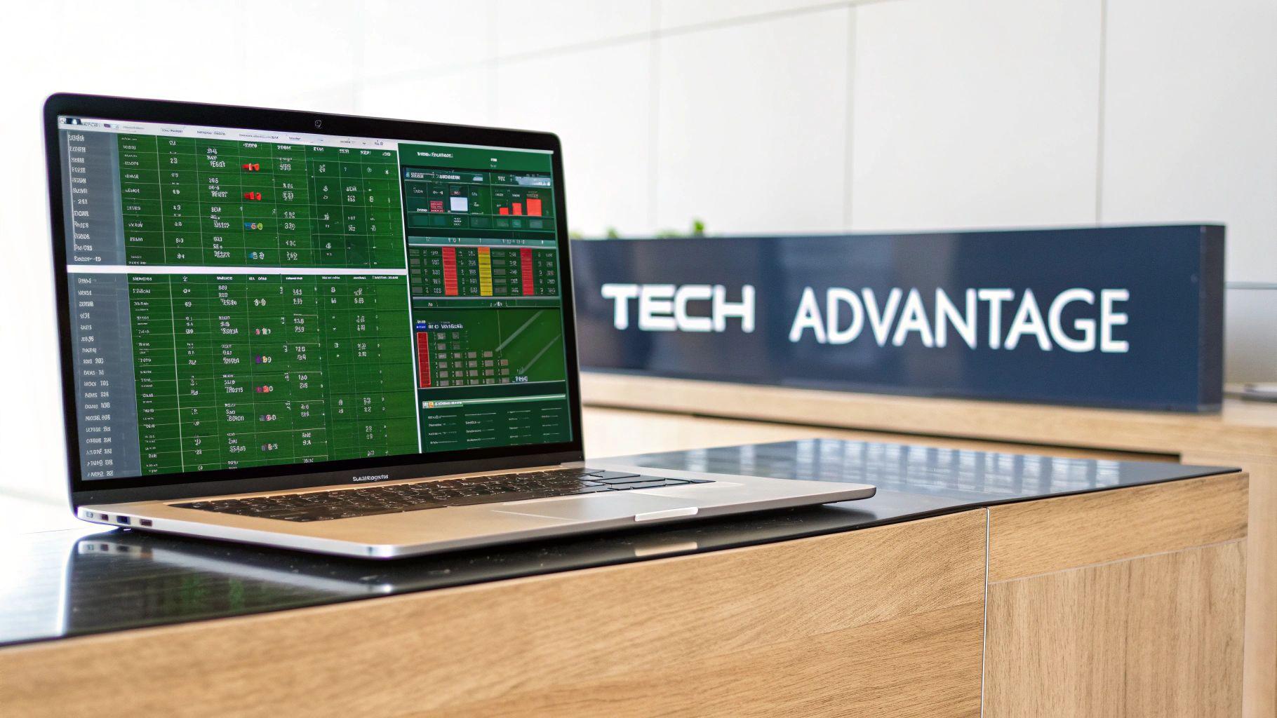 A futuristic interface showing sports data and analytics.