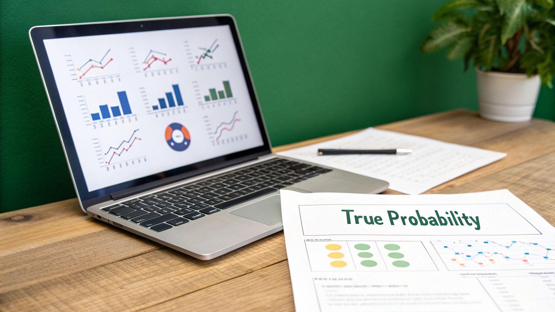 A laptop displays various data charts, with a document titled 'True Probability' on a wooden desk.