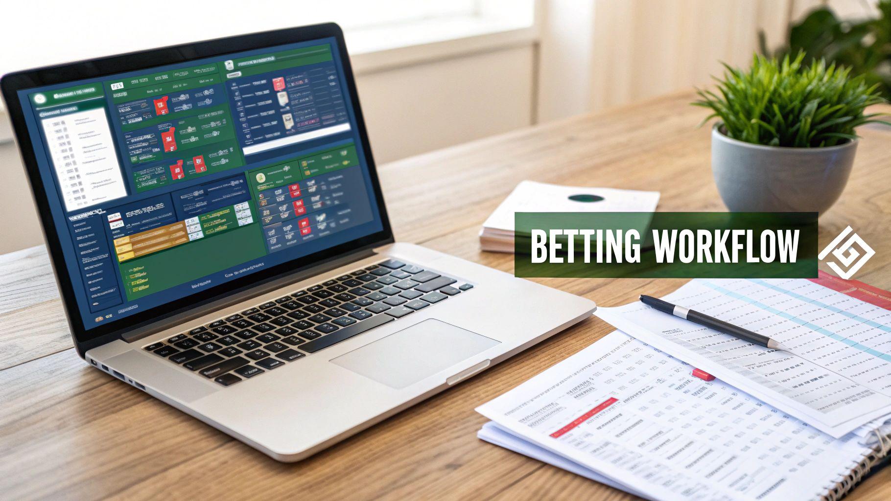A laptop on a wooden desk displays a detailed betting workflow interface with multiple data grids, documents, and a plant.
