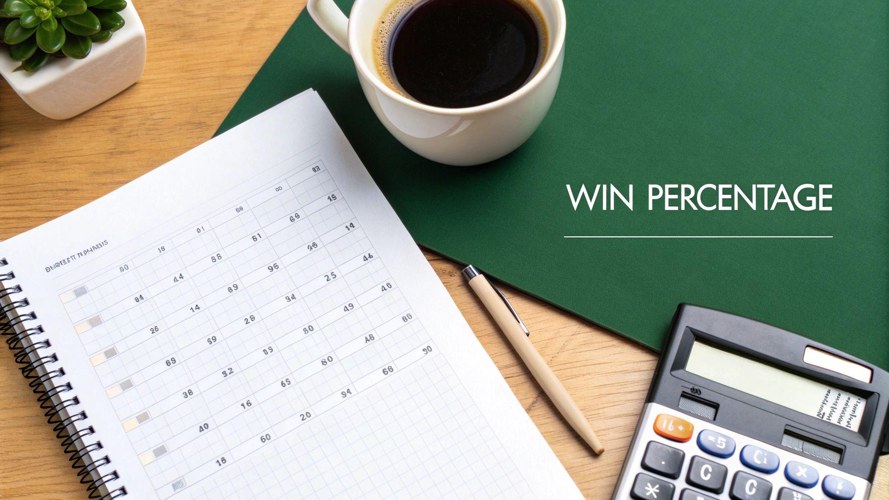 Overhead view of a desk with a calculator, coffee, and a notebook next to a green folder displaying 'WIN PERCENTAGE'.
