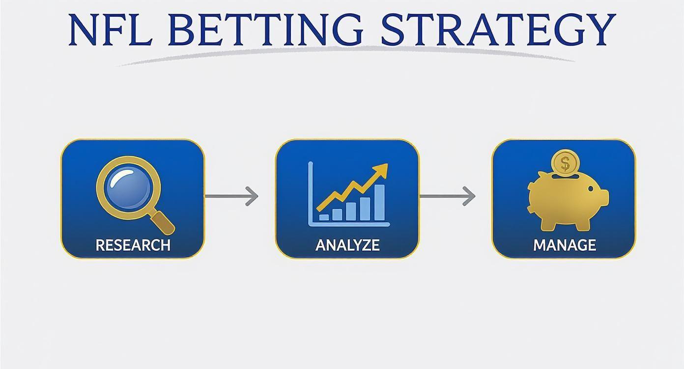 NFL betting strategy workflow diagram showing three steps: research, analyze data trends, and manage bankroll effectively