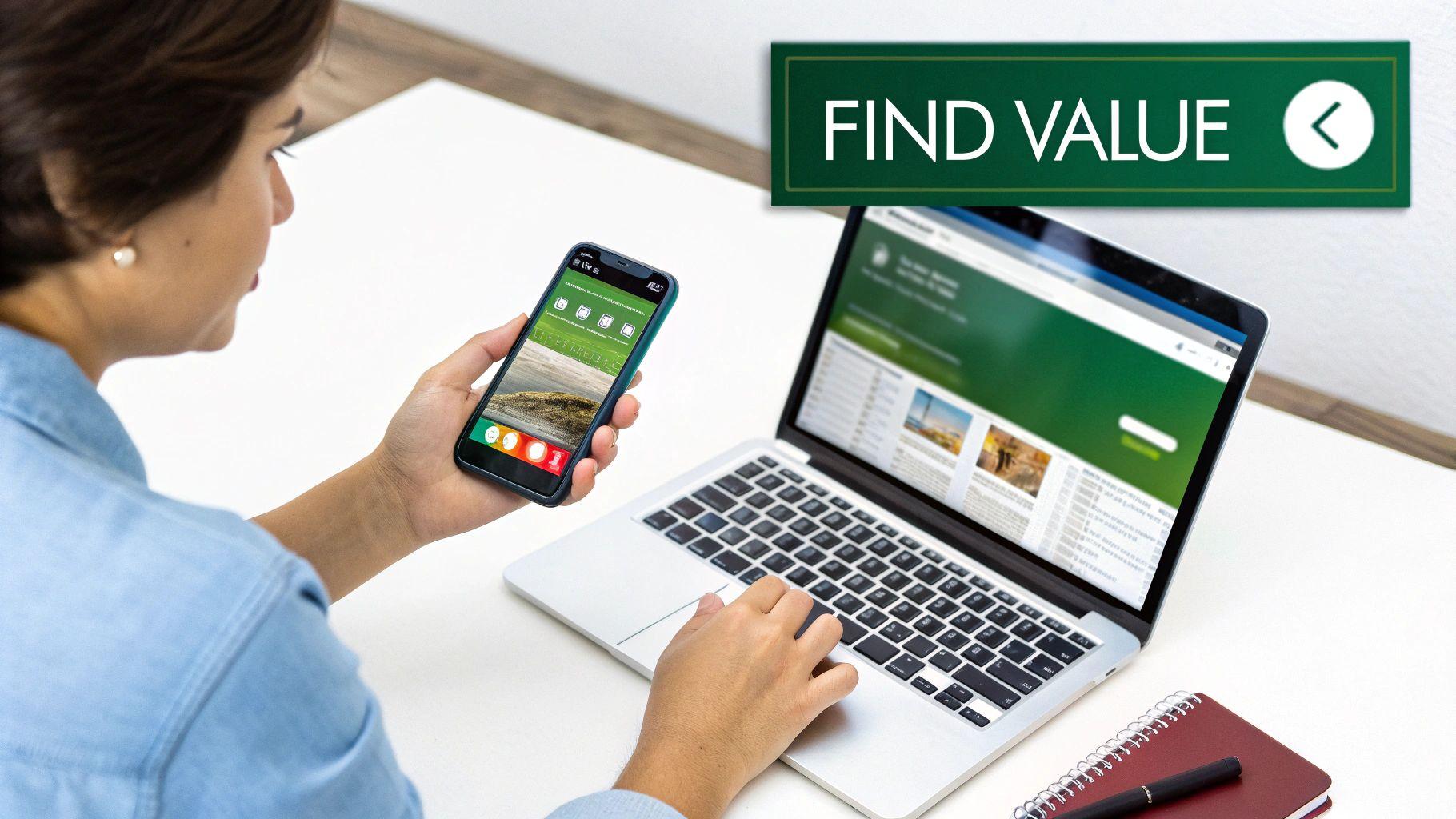 A person holds a smartphone while typing on a laptop, displaying digital content with a 'FIND VALUE' banner.