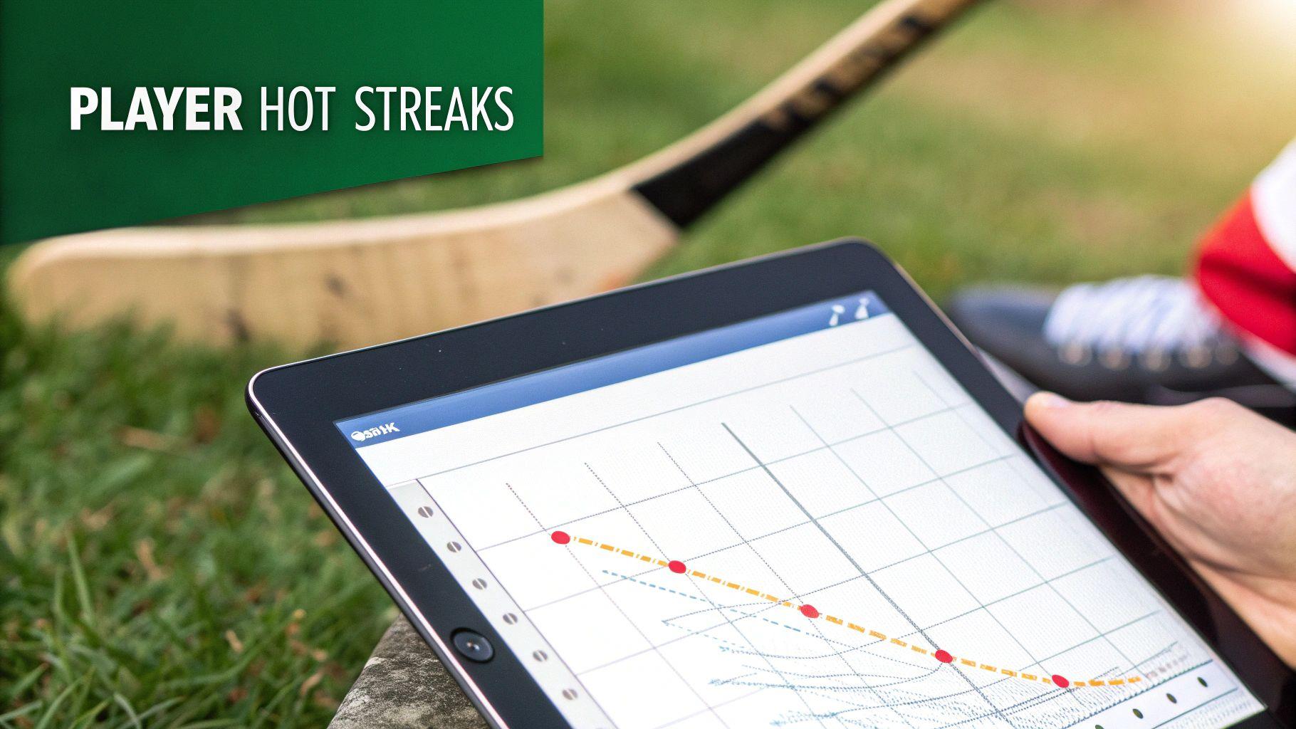 Hand holding a tablet with a graph showing 'Player Hot Streaks' data, next to a hockey stick and skate.