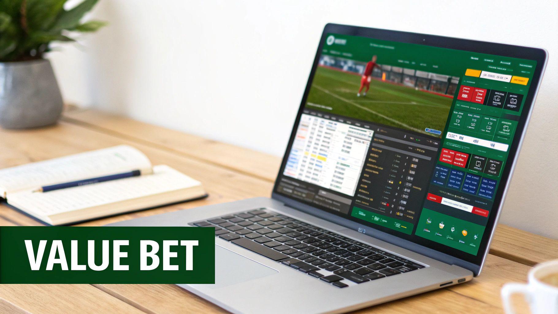 A laptop on a wooden desk displays a live sports betting website with a football match and 'VALUE BET' text.