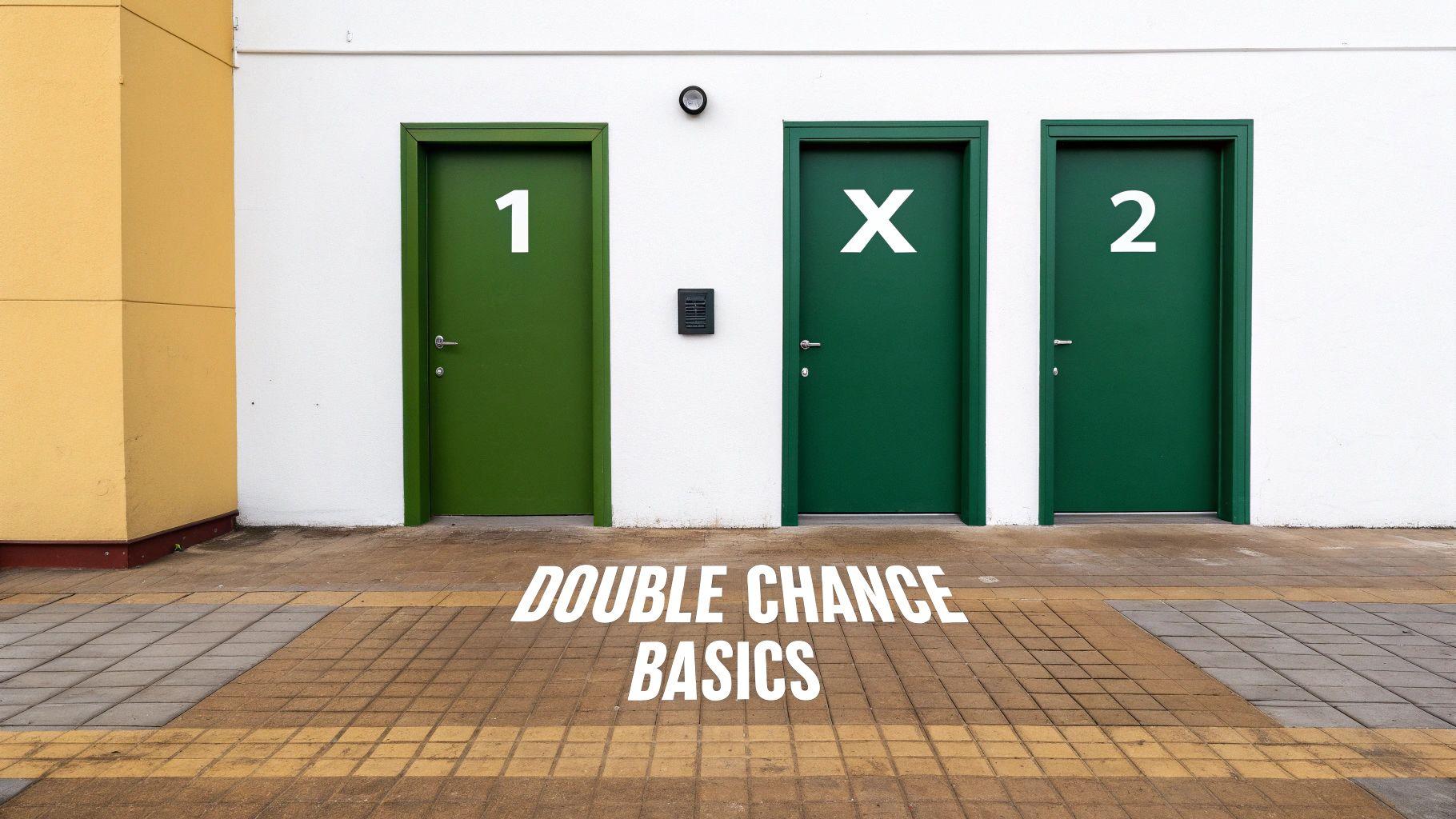 Three green doors labeled 1, X, and 2, symbolizing choices or betting options.