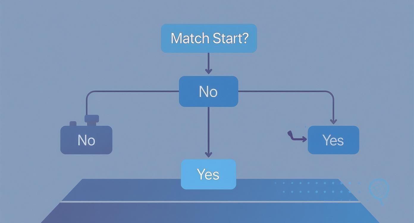 Flowchart illustrating decisions based on 'Match Start?' leading to multiple 'Yes' and 'No' outcomes.