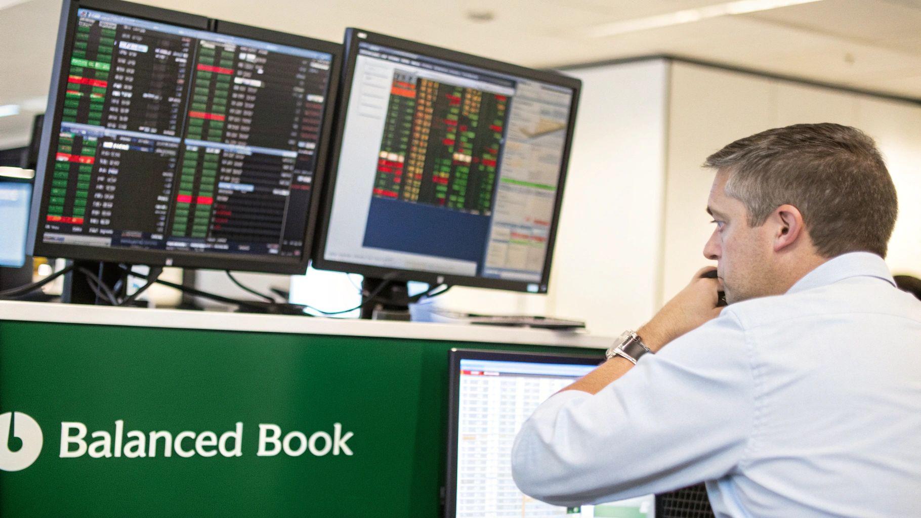 Man reviews trading screens showing market data at a 'Balanced Book' financial desk.
