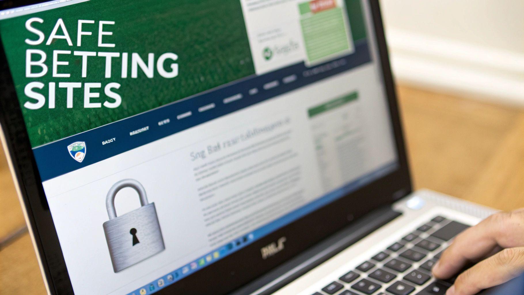 A person types on a laptop displaying a "Safe Betting Sites" webpage with a padlock icon.