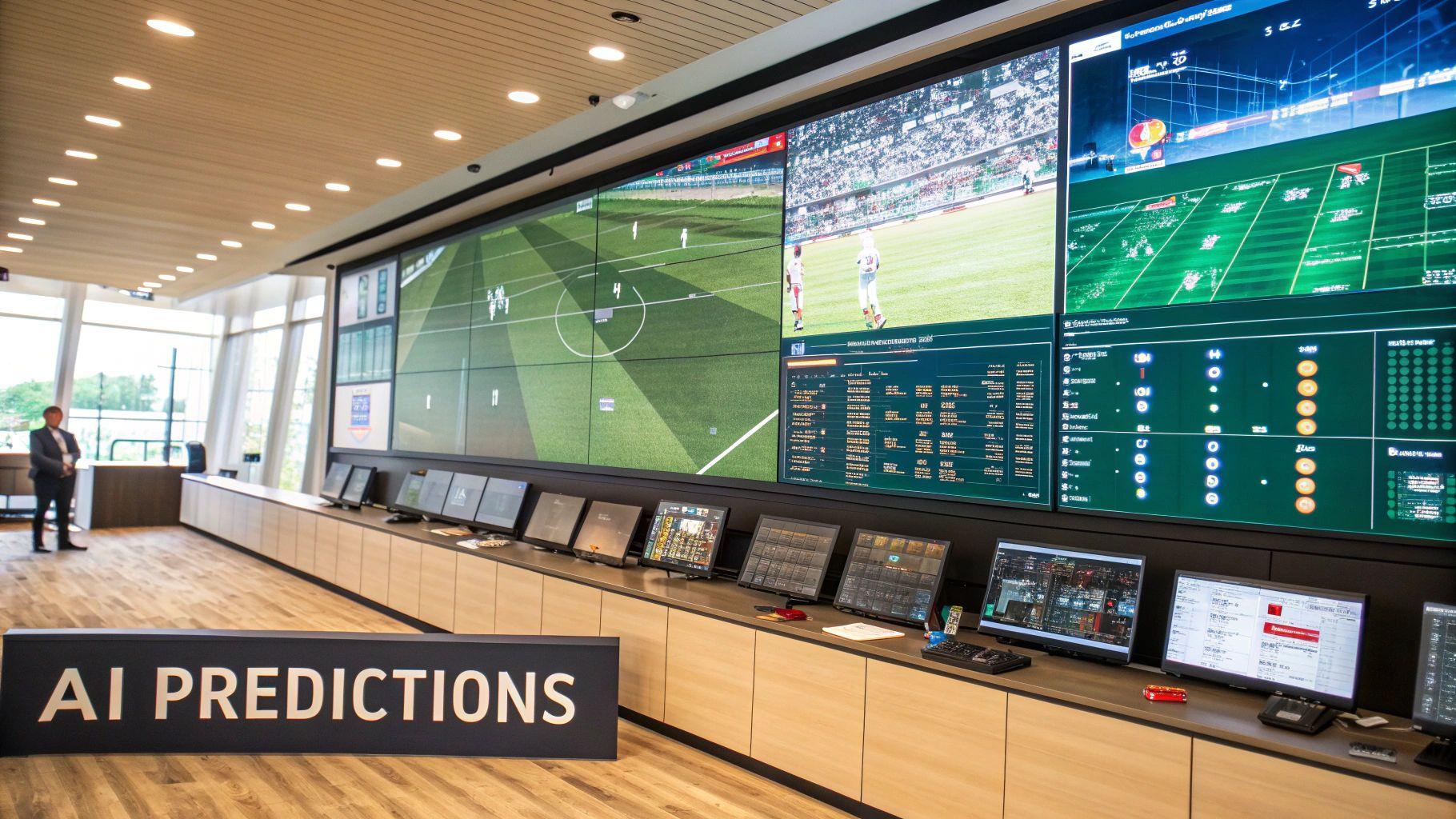 A person analyzing complex sports data charts on multiple screens, representing AI-driven analysis.