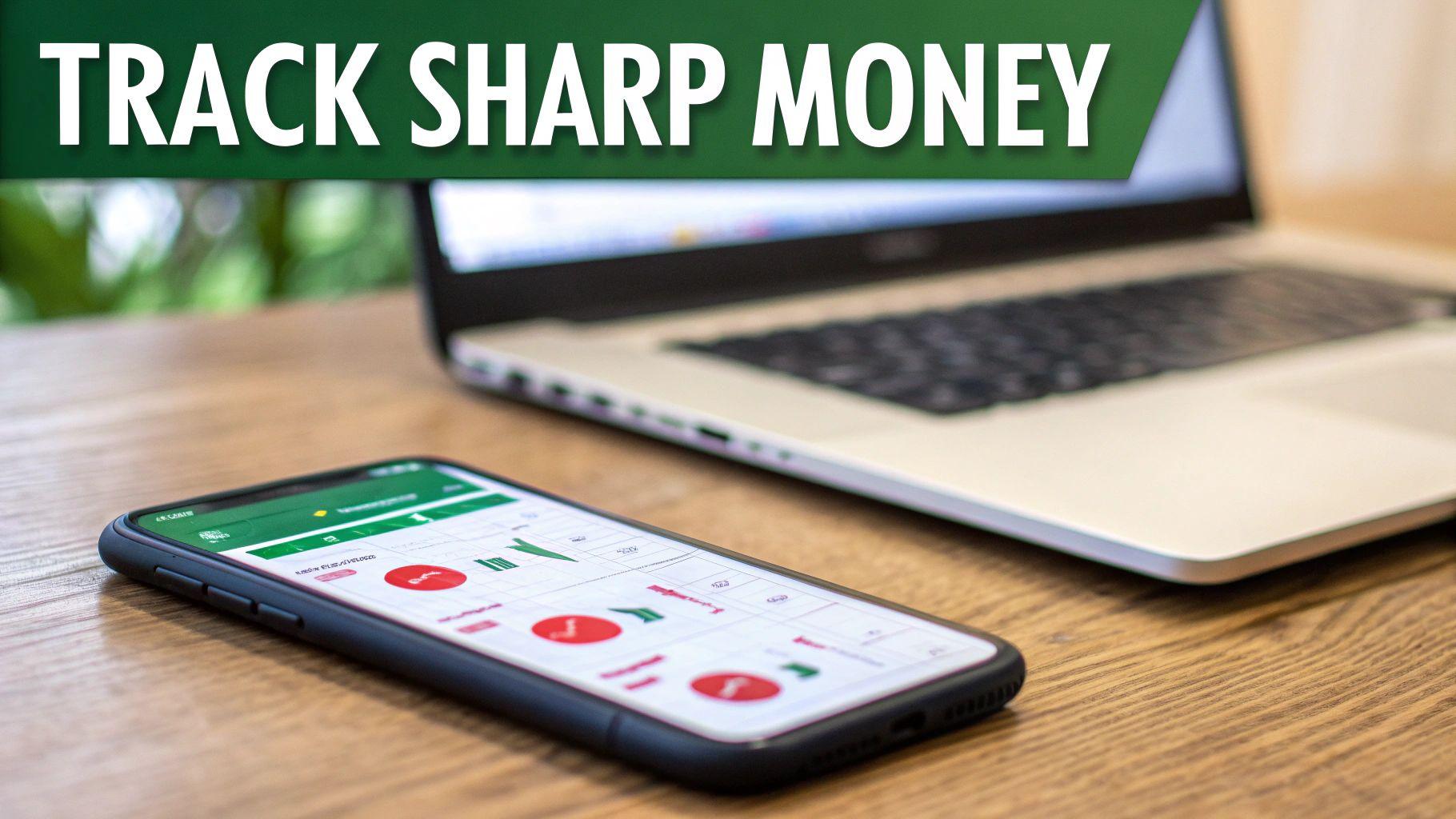 Smartphone displaying financial data and charts next to a laptop on a wooden desk, with 'TRACK SHARP MONEY' text.