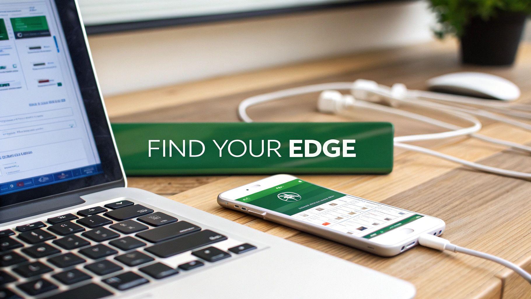 Laptop and smartphone displaying sports betting app on wooden desk with earbuds and find your edge text