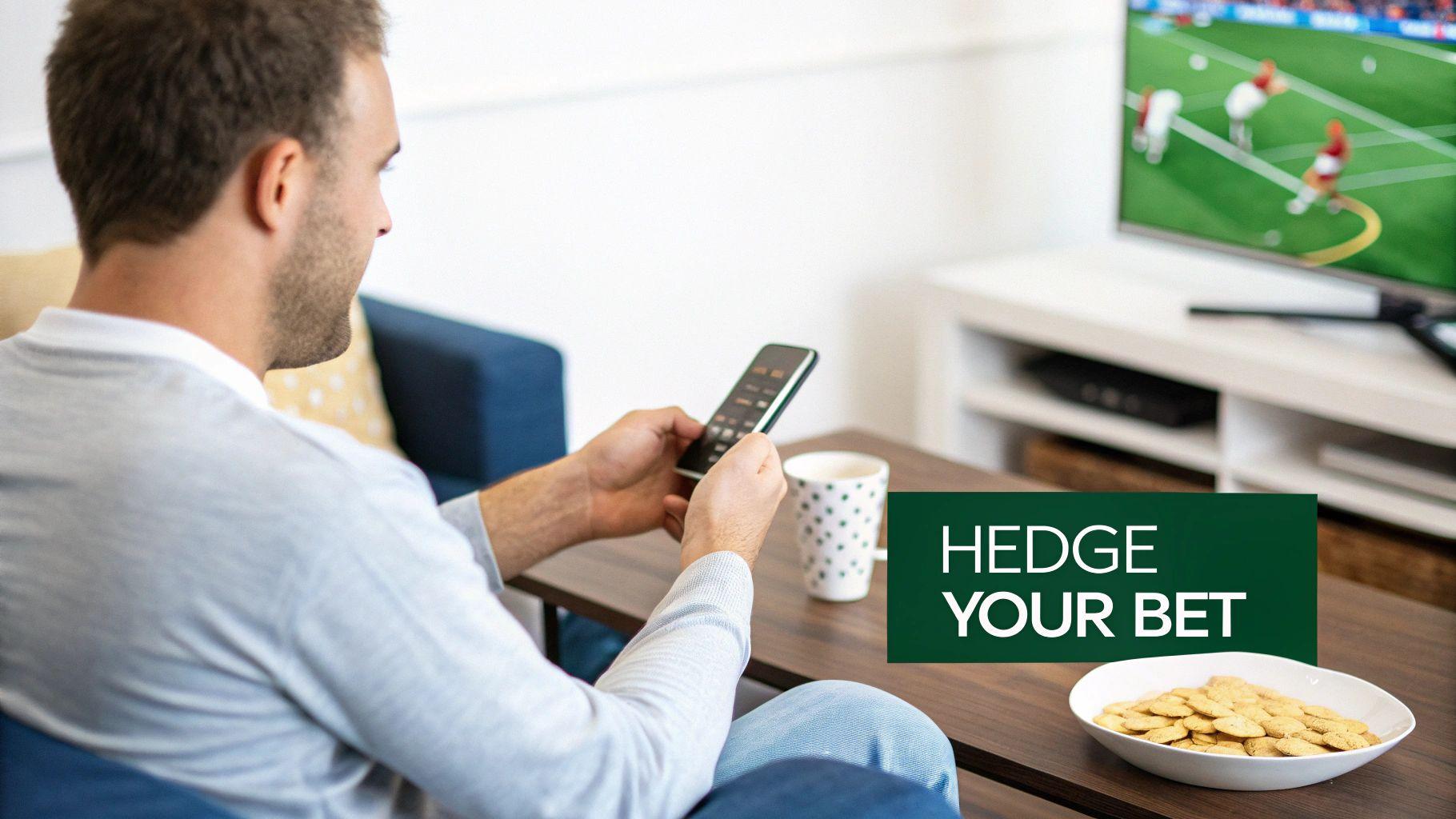 Man using mobile betting app to hedge sports bet while watching soccer game on television