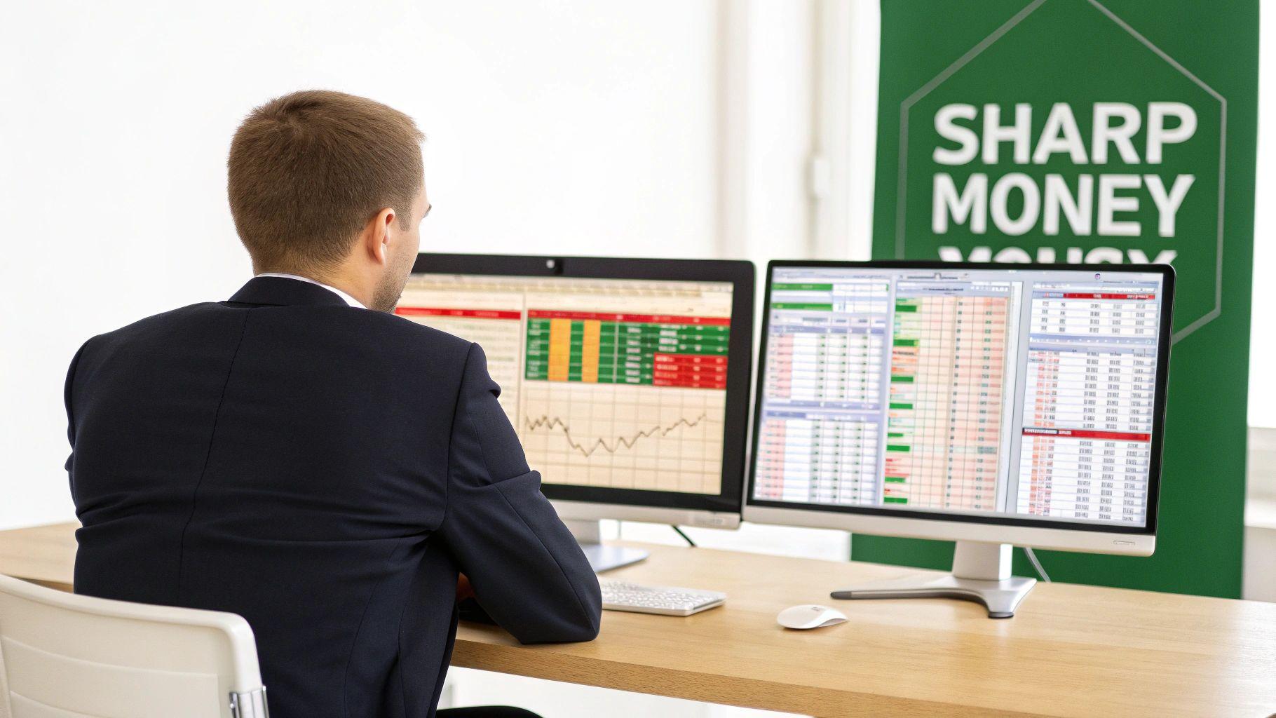 A professional man in a suit views financial data and charts on dual monitors in an office setting.
