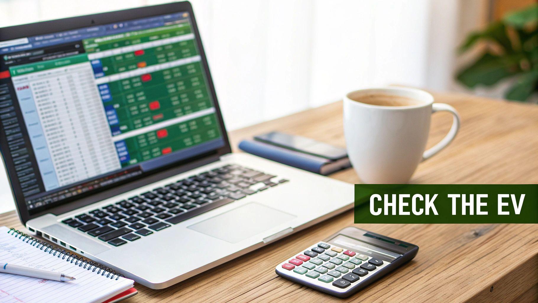 A laptop displaying financial data, calculator, coffee, and notebook on a wooden desk.