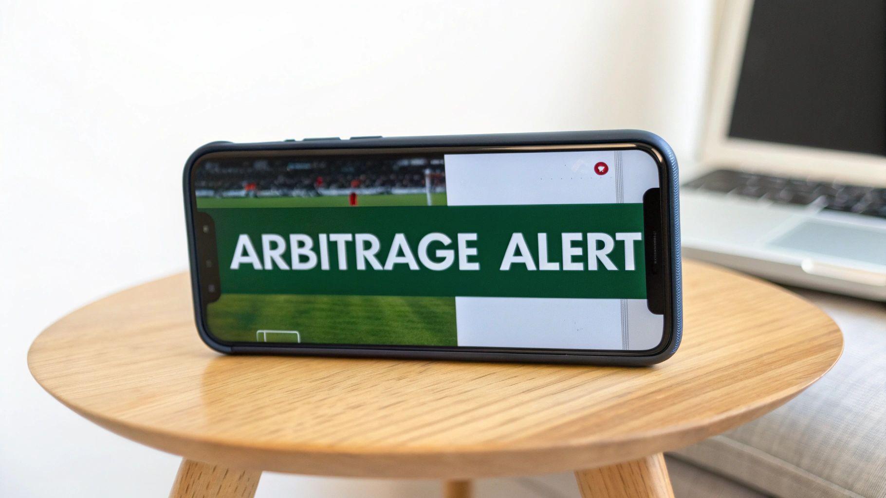An arbitrage alert on a laptop screen showing a profit opportunity