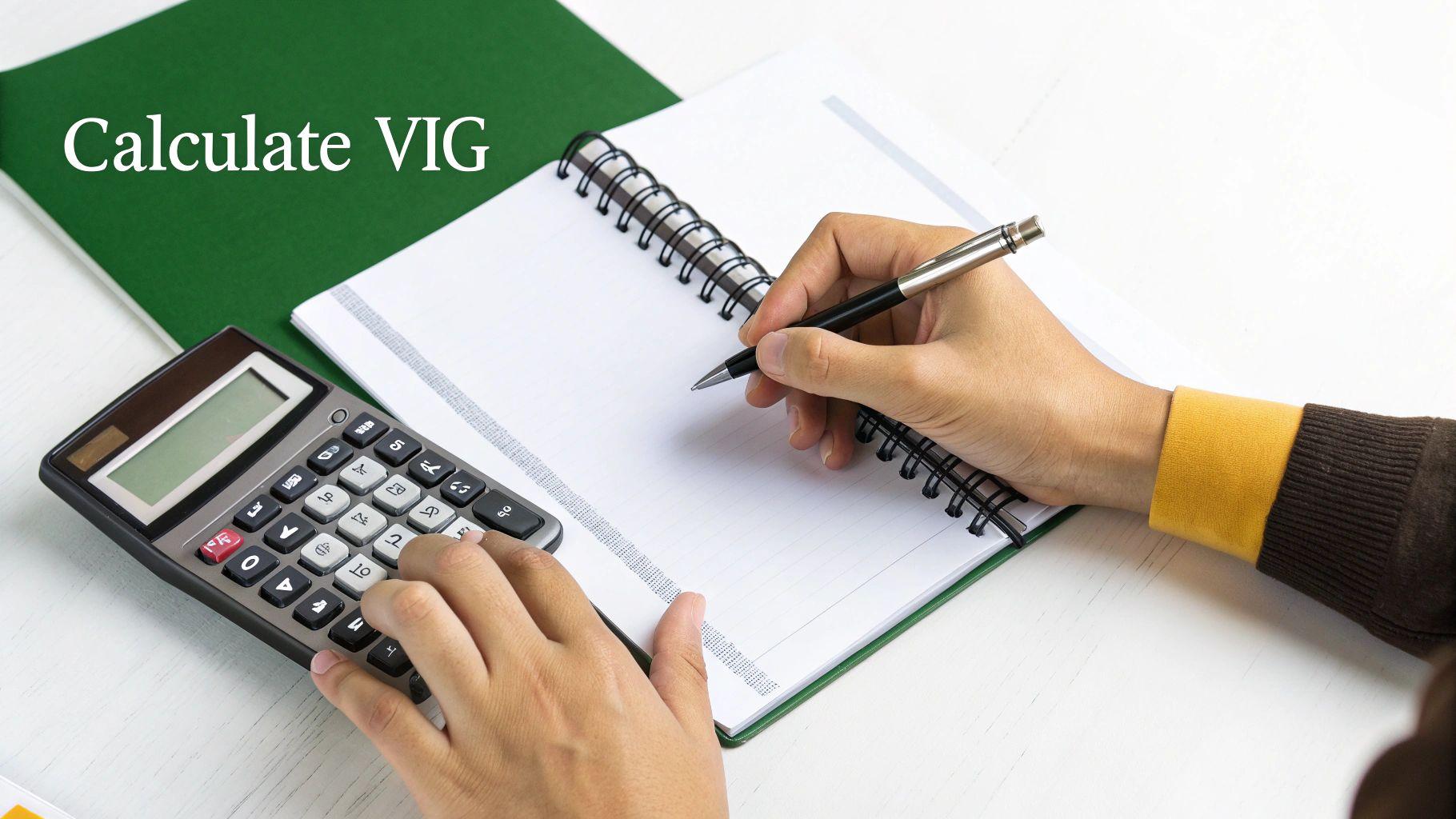 Hands using a calculator and writing in a notebook, with 'Calculate VIG' text overlay.