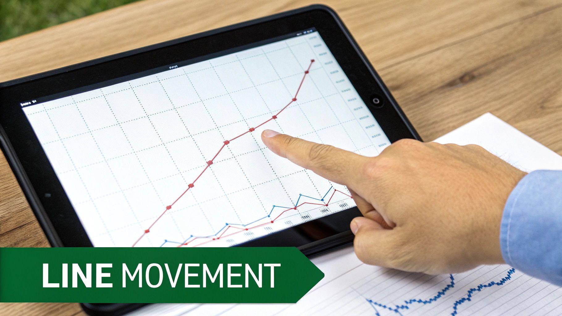 Hand pointing at an upward-trending line graph on a tablet, illustrating data analysis.