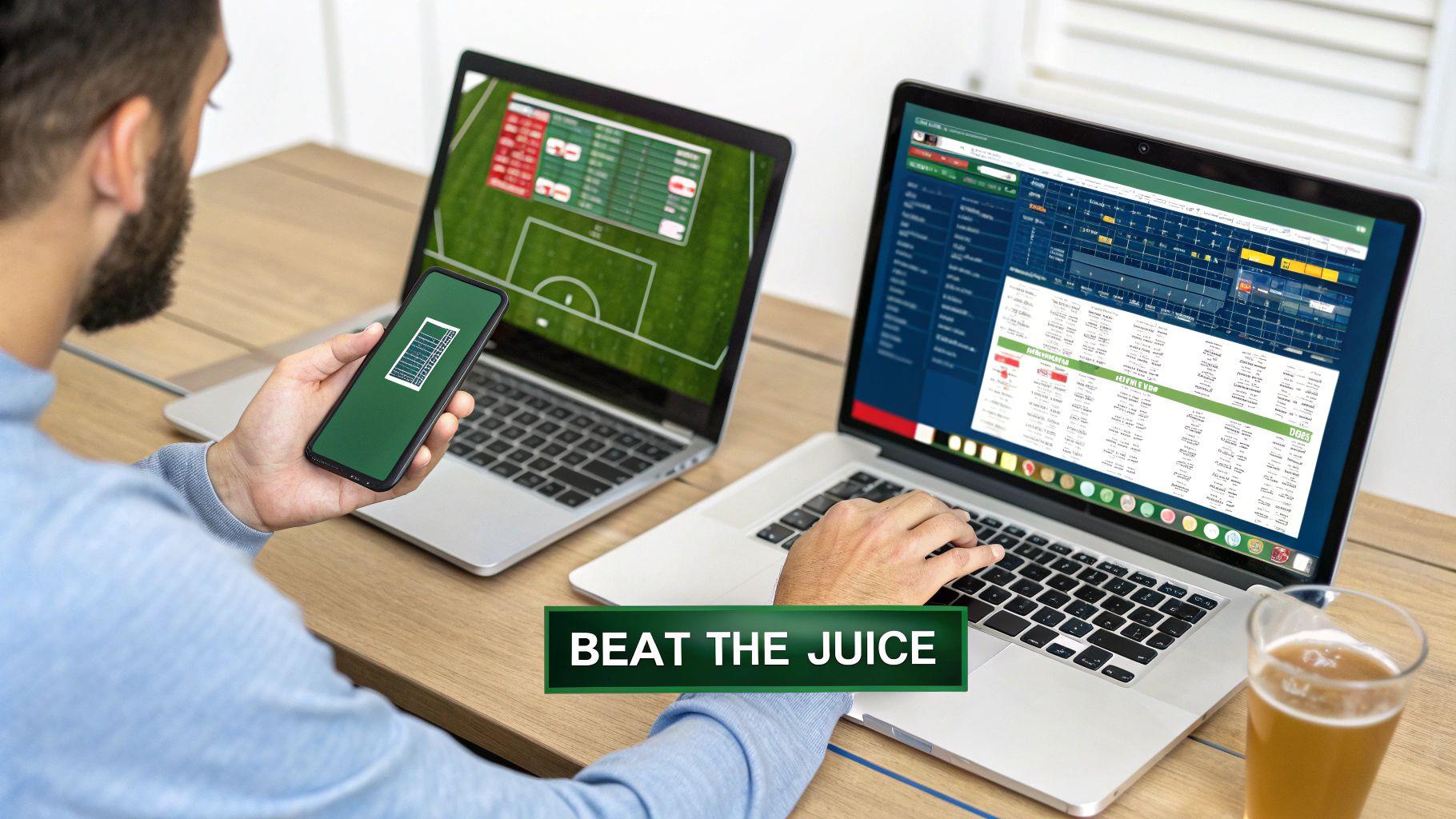 A person views sports betting odds on a smartphone and two laptops, aiming to beat the juice.