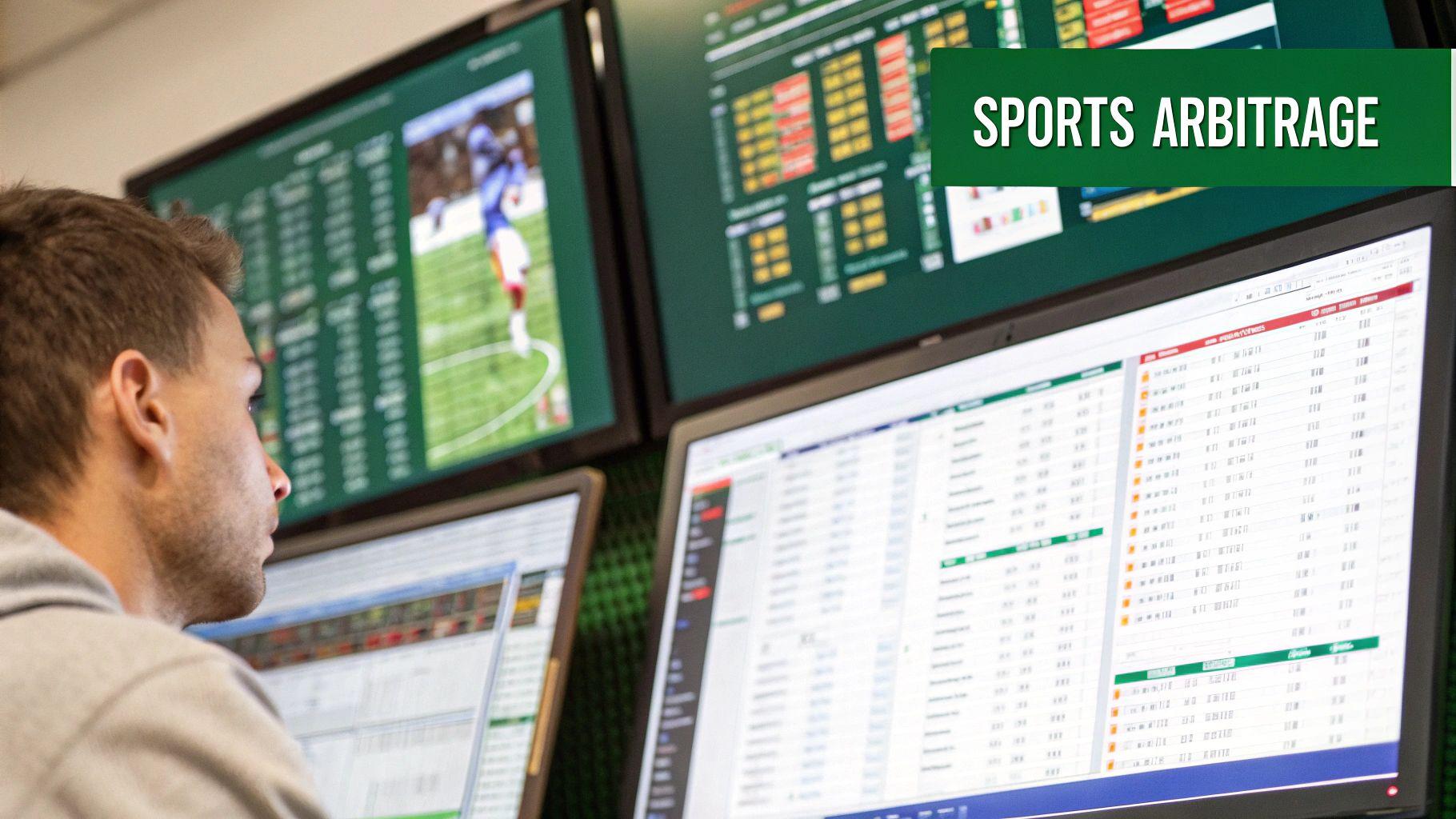 A person studying sports betting odds on a laptop, representing the strategic nature of arbitrage betting.
